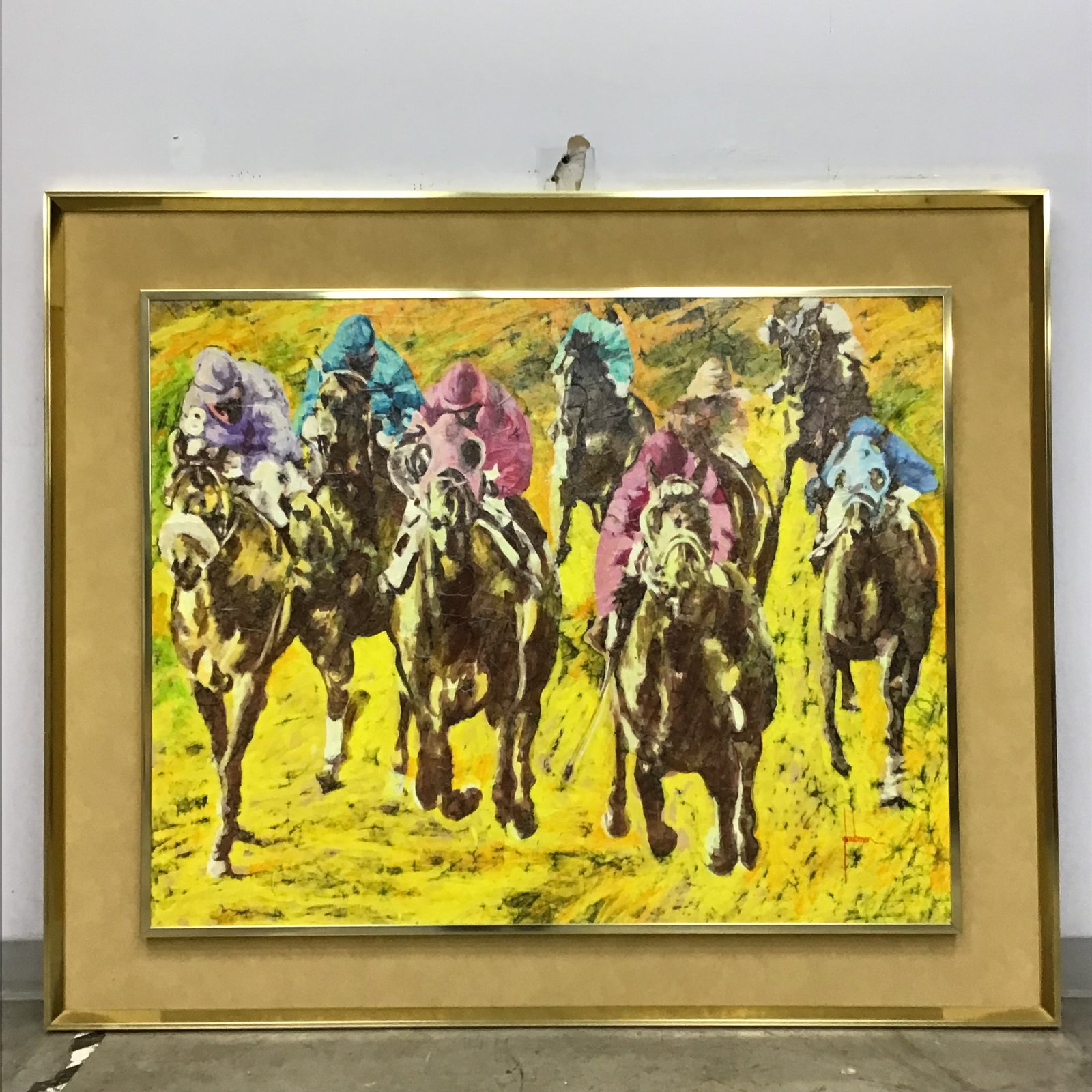 Edna Glaubman (American, 1919-1986) Acrylic on Canvas, Head-On, Signed: Edna Glaubman (American, 1919-1986). Acrylic on stretched canvas. This expressive work, titled Head-On, depicts a high-energy, frontal composition of jockeys and racehorses. Executed in a vibrant mode