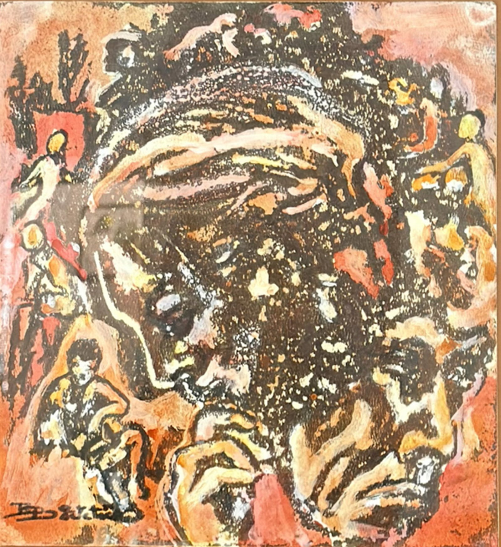 Manner of Francis Newton Souza, Gouache on Board, Composition with Figures, Signed: In the manner of the Neo-Expressionist school, this gouache and mixed media work on board depicts two central figures surrounded by multiple smaller ones in a dense, energetic composition. The work fe