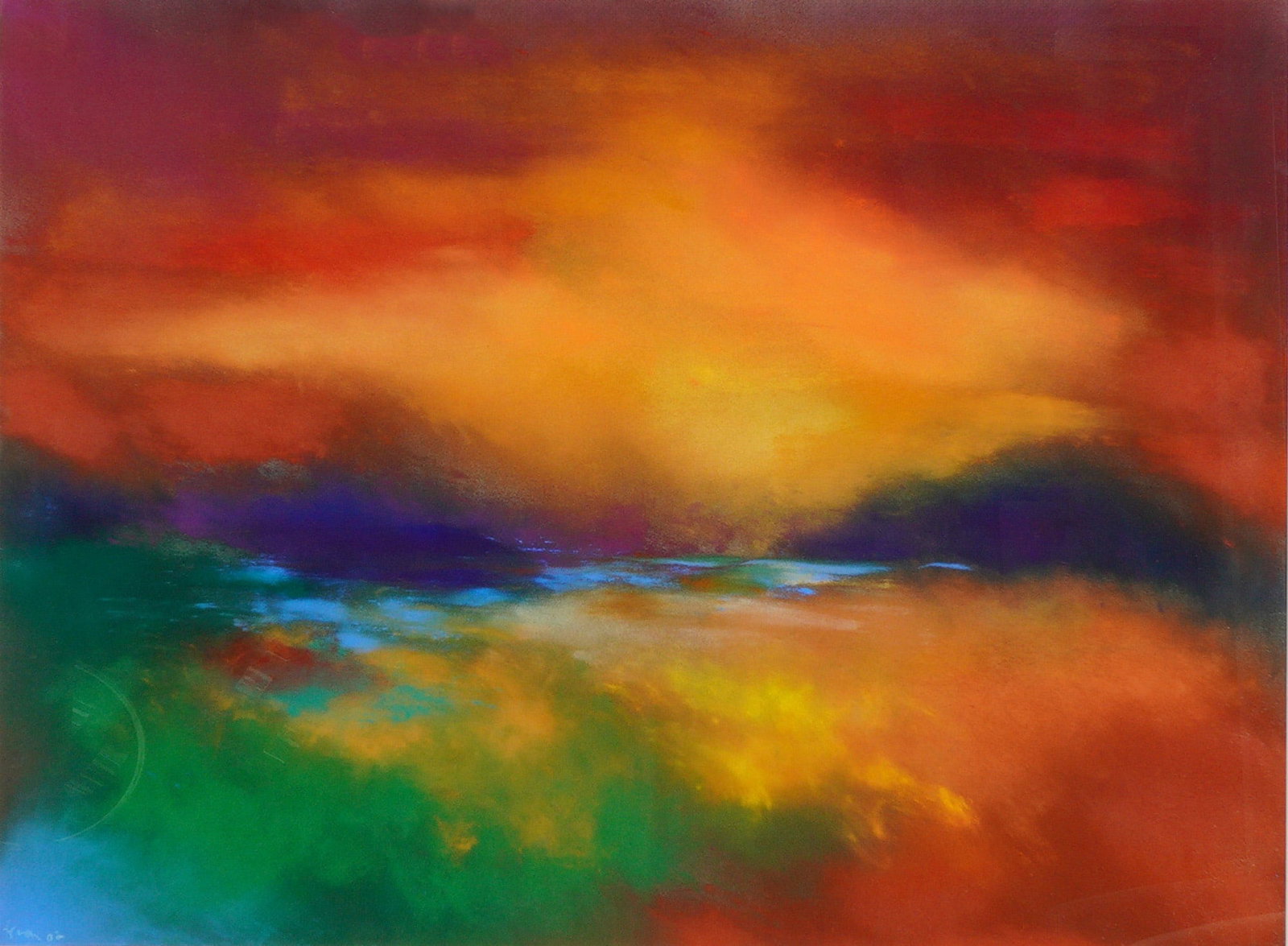 Diane French Abstract Landscape Pastel on Paper Composition, Signed: This contemporary abstract landscape is executed in vibrant pastels on paper, featuring a palette of saturated oranges, reds, and yellows in the upper registers that transition into deep purples, gree