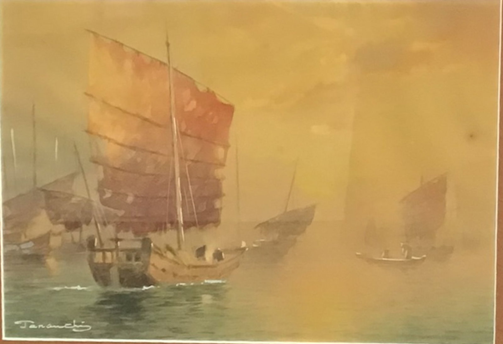Fukutaro Terauchi (Japanese,1891-1964), Watercolor, Fishing Boats at Sunrise, Signed: This original watercolor on paper with gouache highlights is an atmospheric maritime work by Fukutaro Terauchi. The scene depicts traditional junk ships navigating misty waters, bathed in a warm, diff