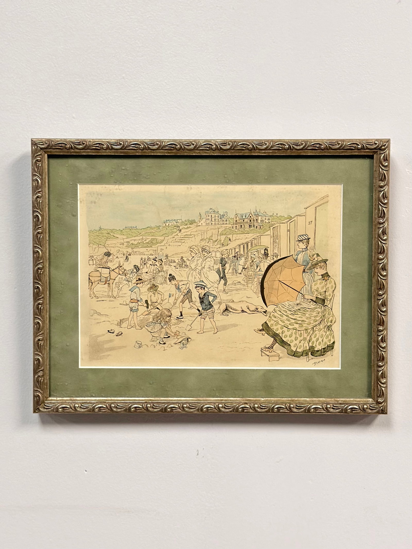 After Maurice Bonvoisin (Belgian, 1849-1912) Print, Plages de Bretagne & Jersey: This item is a framed reproduction of an illustration by Maurice Bonvoisin, who worked under the pseudonym Mars, titled Plages de Bretagne & Jersey. The work is executed in pen and ink with watercolor