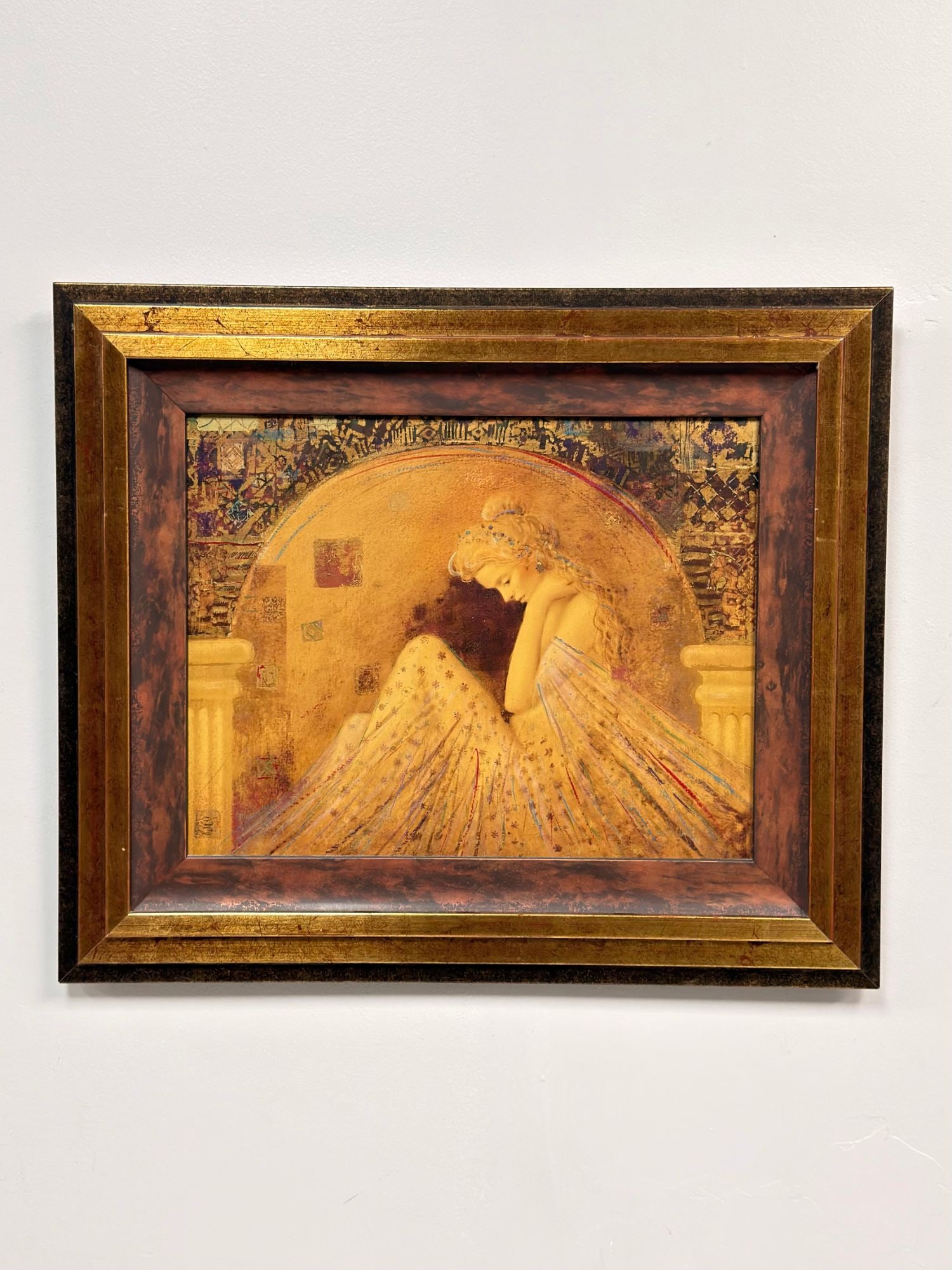Csaba Markus (Hungarian, b. 1953) Serigraph on Board, Contemplation: The composition depicts a pensive female figure with long golden hair, rendered in a style influenced by Art Nouveau and the Neo-Symbolism of Gustav Klimt. The figure is set within a decorative, gold-