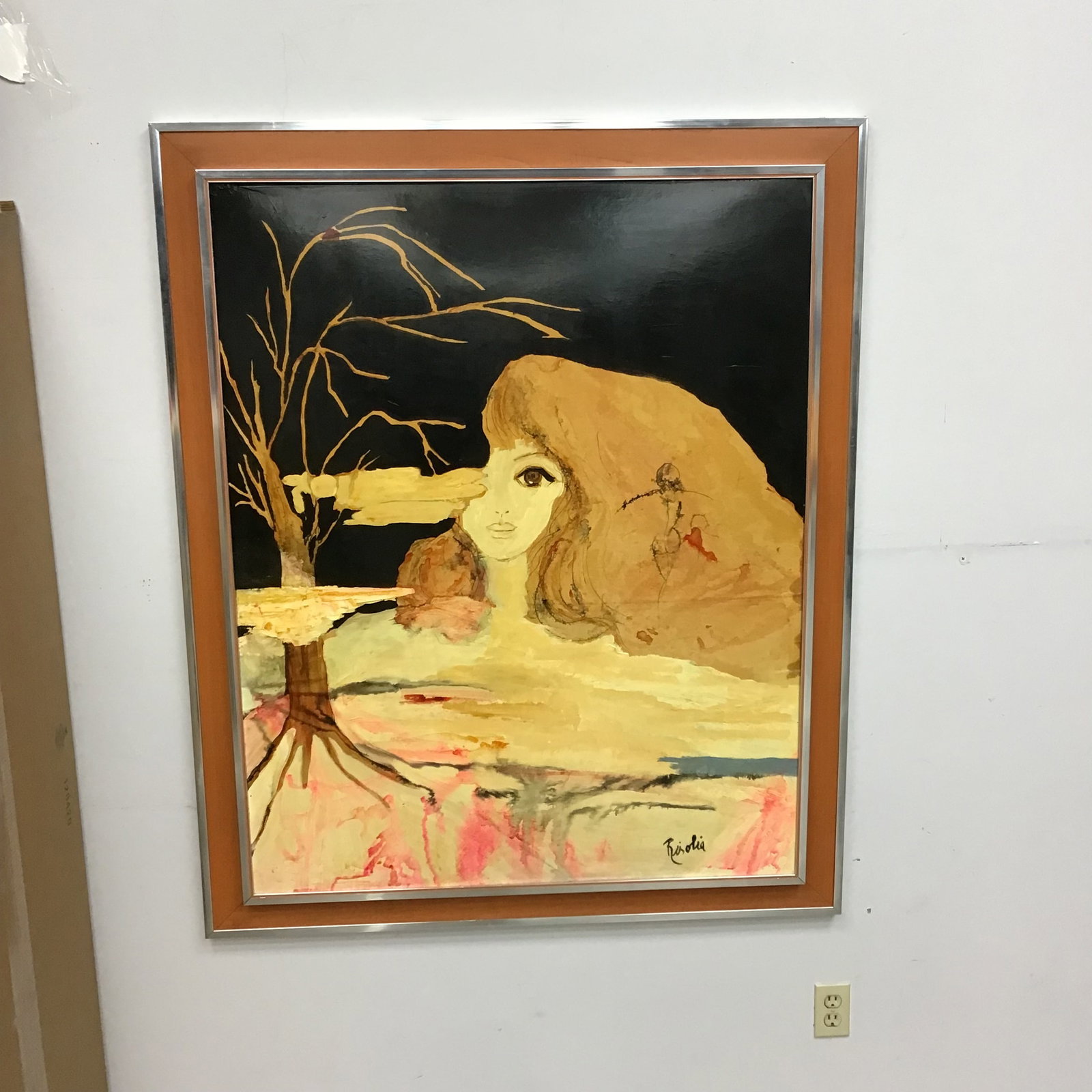 Sonia Risolia (American, 1926-2002) Mixed Media on Board (Signed): Sonia Risolia (American, 1926-2002). A stylized, surrealist-influenced female portrait integrated into an atmospheric landscape, executed in mixed media on board. The composition features a woman with