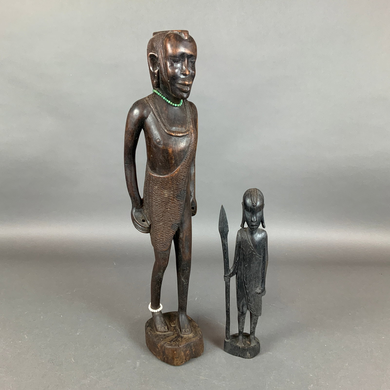 Two Tribal Hand-Carved Wooden Sculptures of African Warriors (1 of 4)