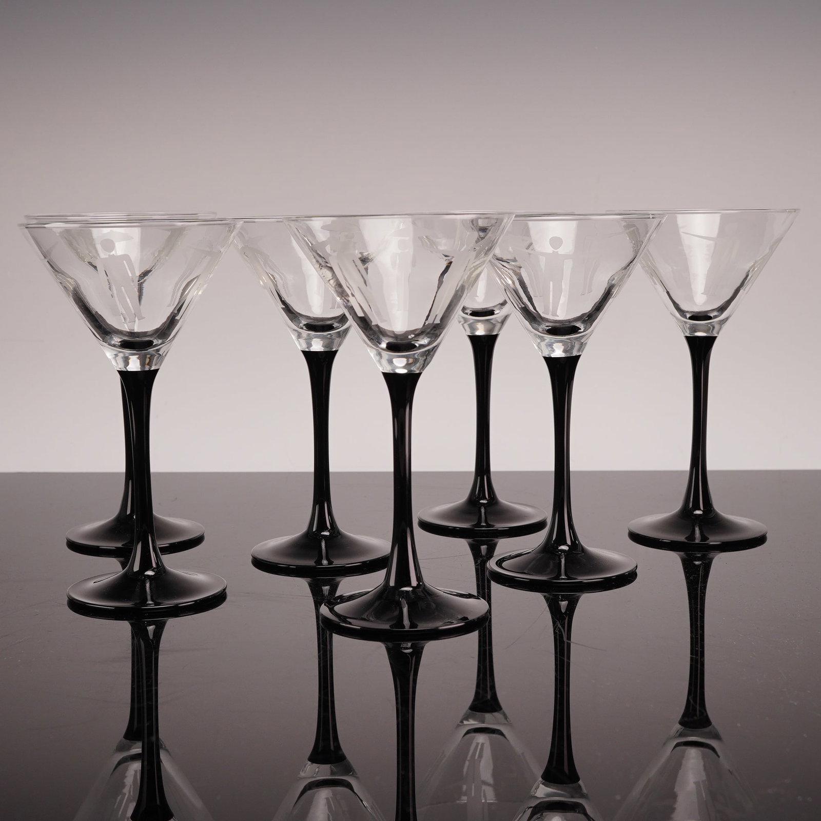 Set of 7 French Black Stemmed Martini Glasses with Etched Figures (1 of 4)