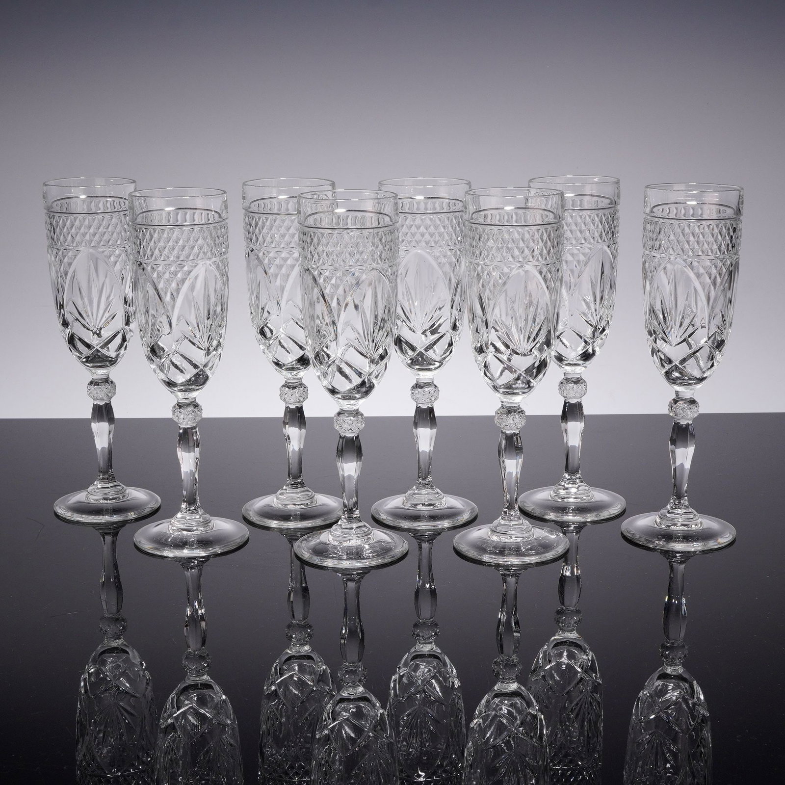 Set of Eight Cristal D'Arques Durand Fluted Champagne Glasses, Antique Clear (1 of 3)