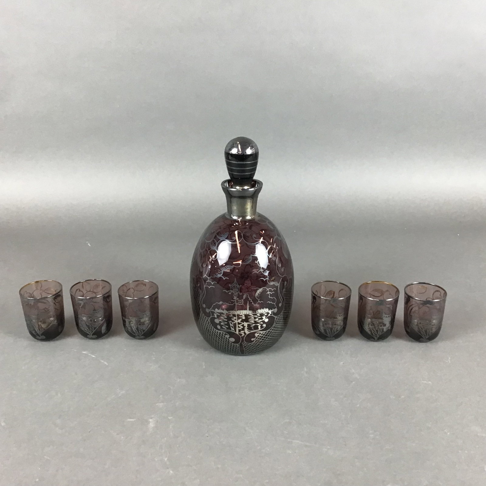 Seven Piece Amethyst Glass with Silver Overlay Design Liqueur Set, Decanter plus Cordials (1 of 3)