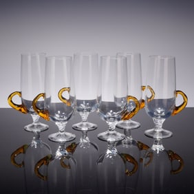 Set of Six Mid-Century Modern Hand-Blown Footed Mugs with Amber Handles