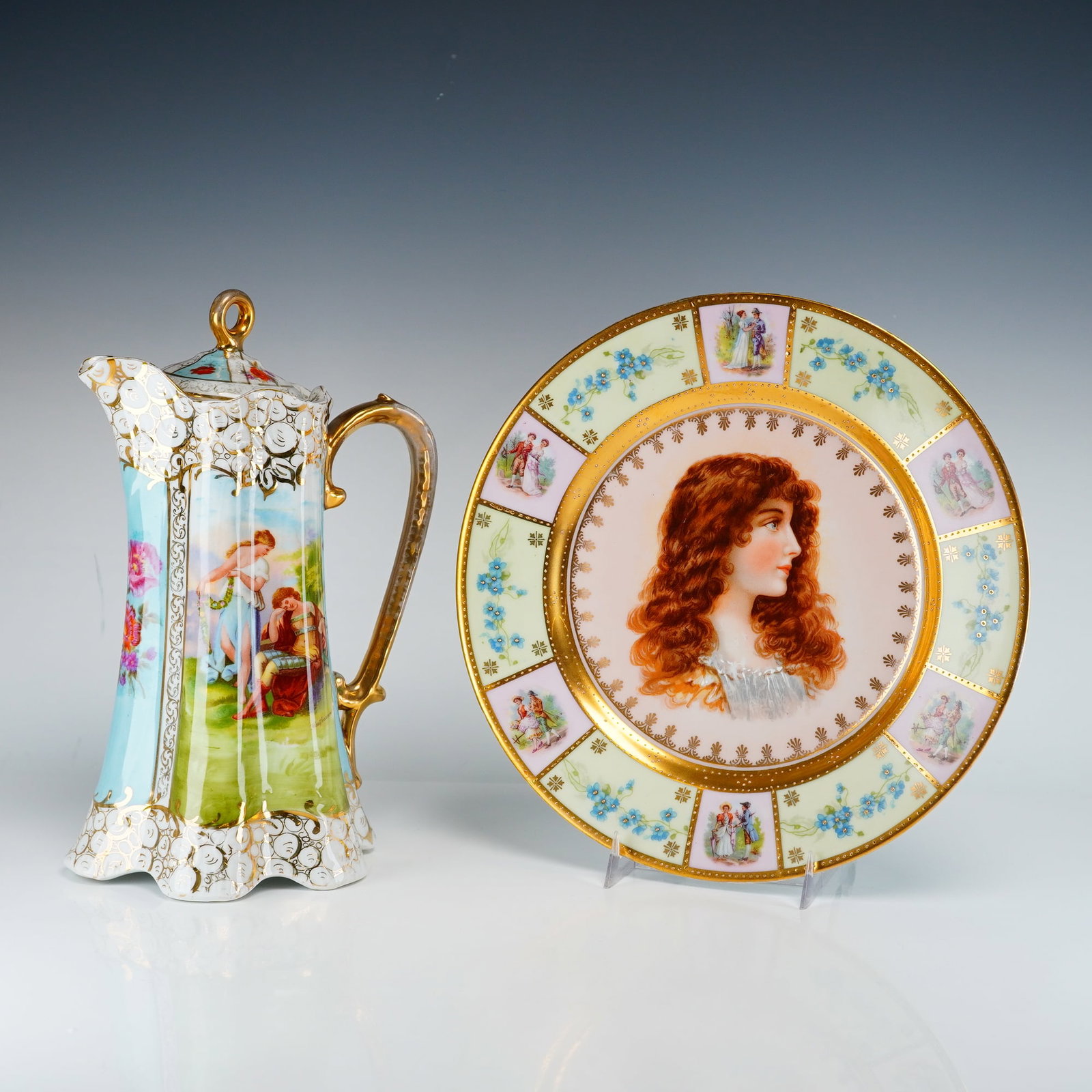 Two Pieces of European Porcelain Including a Bohemia Austria Chocolate Pot and a Portrait Plate (1 of 4)