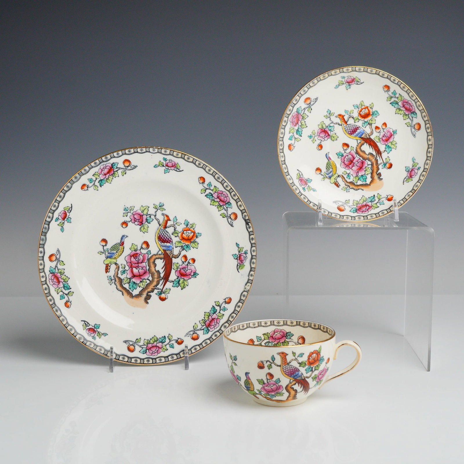 3pc Allertons Ltd. Bone China Cup, Saucer and Plate, Asiatic Birds Pattern (1 of 3)