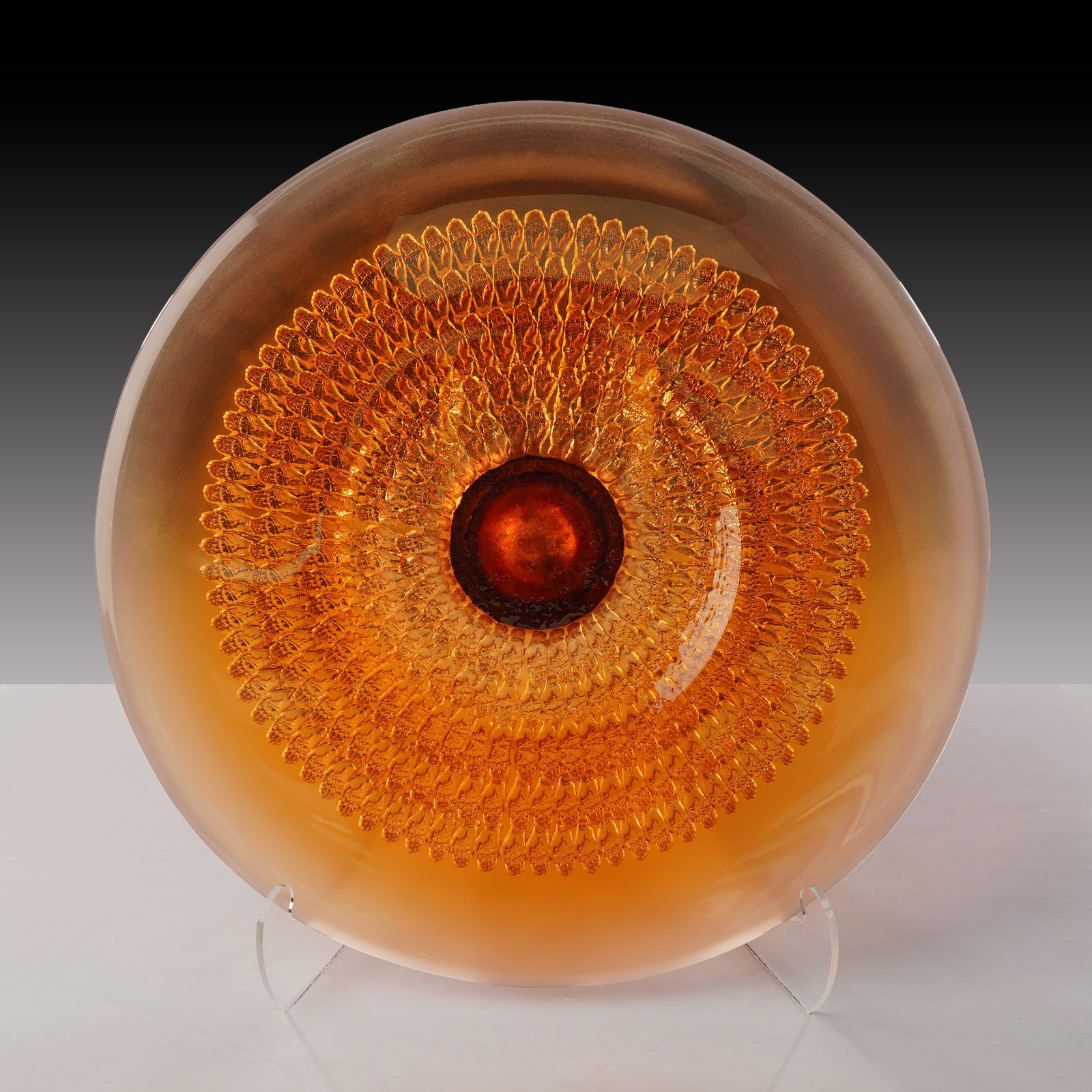 George Bucquet, Sand-Cast Crystal Hand Mandala Buddha Bowl: This significant contemporary cast glass charger, titled Mandala, was created by renowned American glass artist George Bucquet at his Mad River Glass studio in Arcata, California. The piece is a large