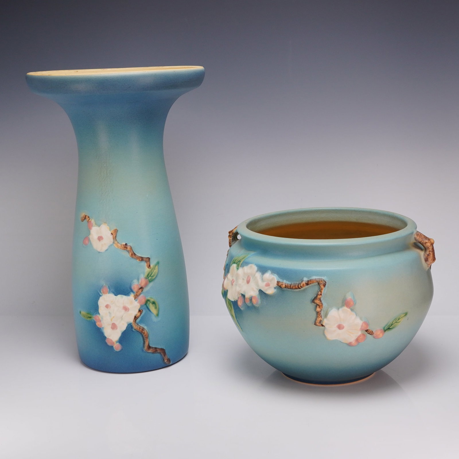Two Roseville Pottery Blue Jardiniere and Stand, Apple Blossom (1 of 3)
