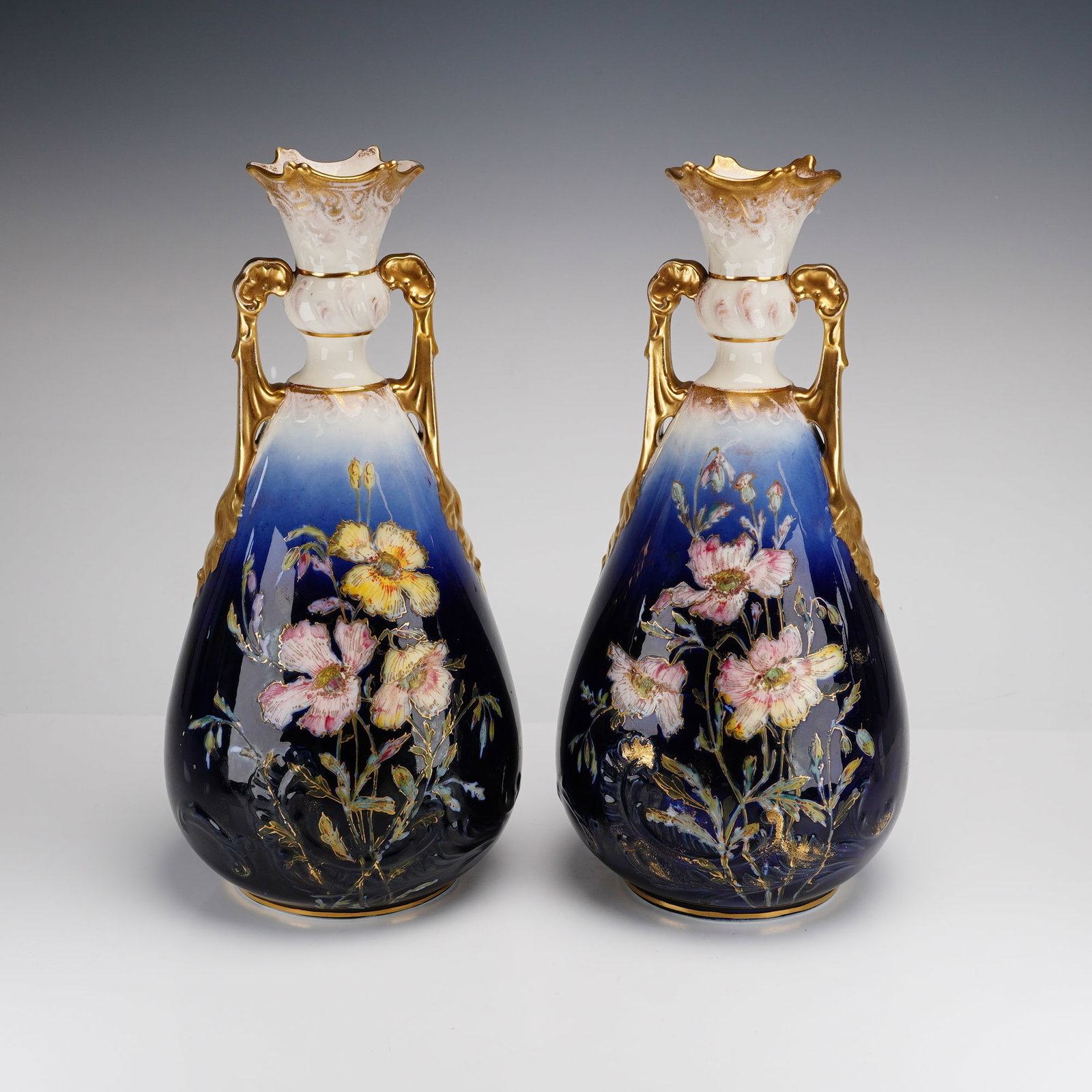 Pair of F. Winkle Fenton Faience Floral Gilt Porcelain Vases (1 of 3)