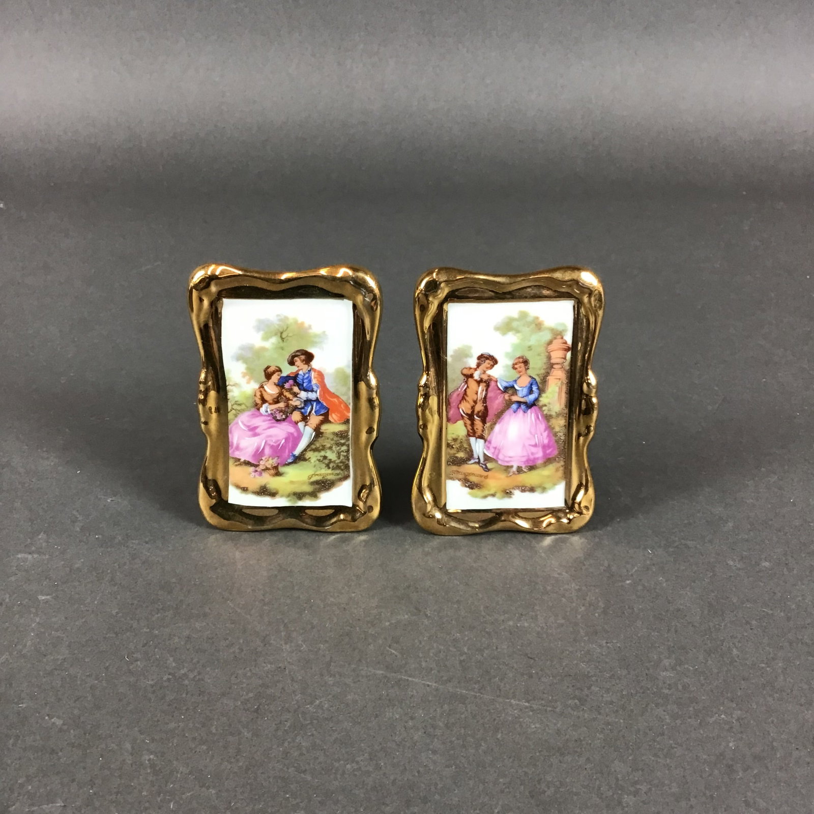 Pair of Limoges France Porcelain Miniature Standing Plaques with Courting Scenes (1 of 3)