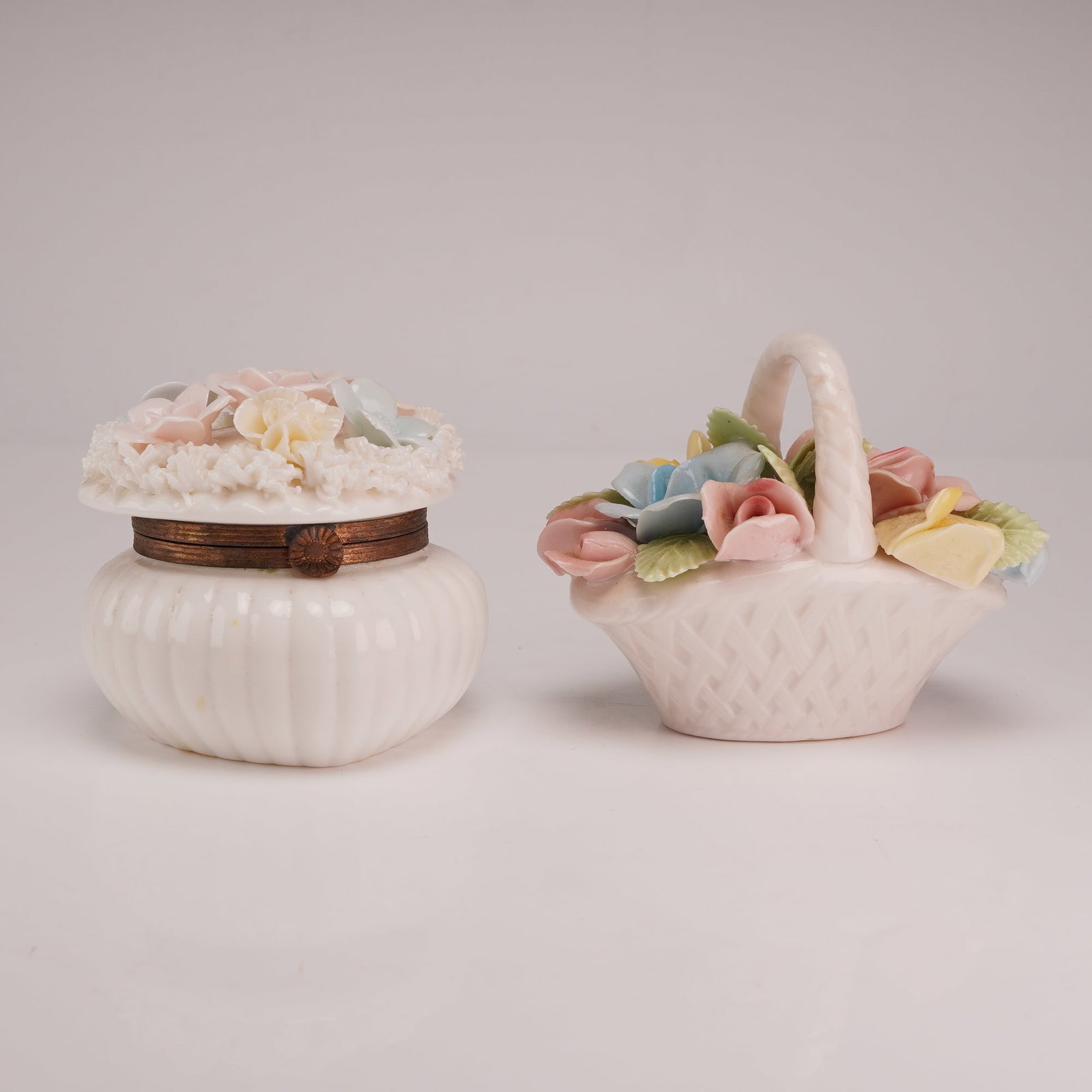 2pc Floral Encrusted Porcelain Trinket Box and Miniature Basket (1 of 3)