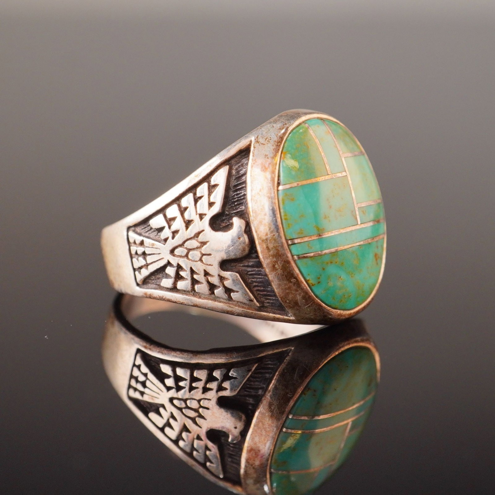 Sterling Silver and Turquoise Inlay Thunderbird Signet Ring (1 of 5)