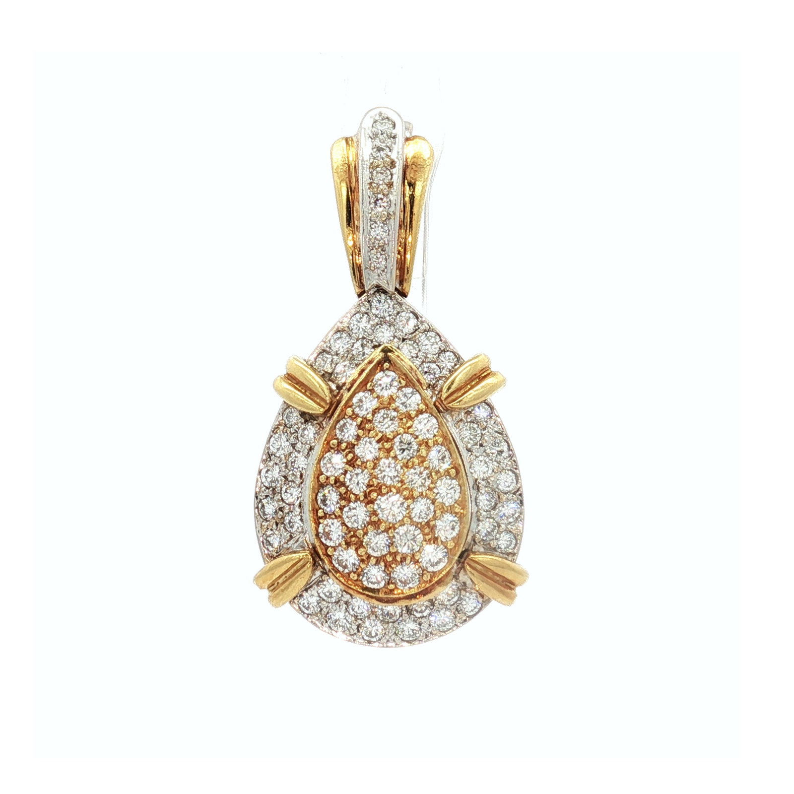 Estate 18K Two-Tone Gold and 1.30ctw Diamond Teardrop Pendant: This estate two-tone 18K gold and diamond pendant is designed in a contemporary, tiered pear-shaped motif. The piece features a central yellow gold pear-shaped element densely pave-set with round bril