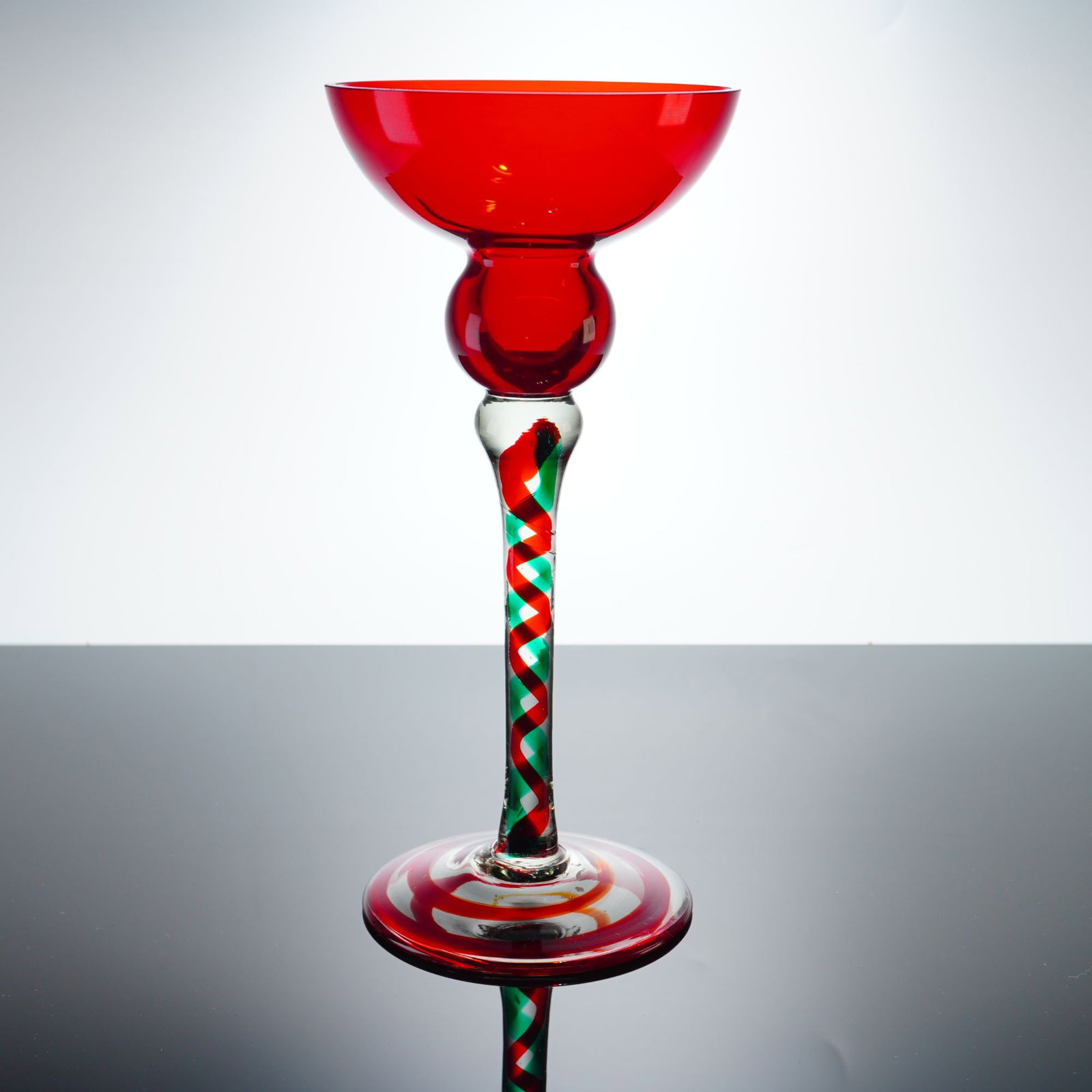 Polish Art Glass Red and Green Spiral Candlestick Holder (1 of 3)