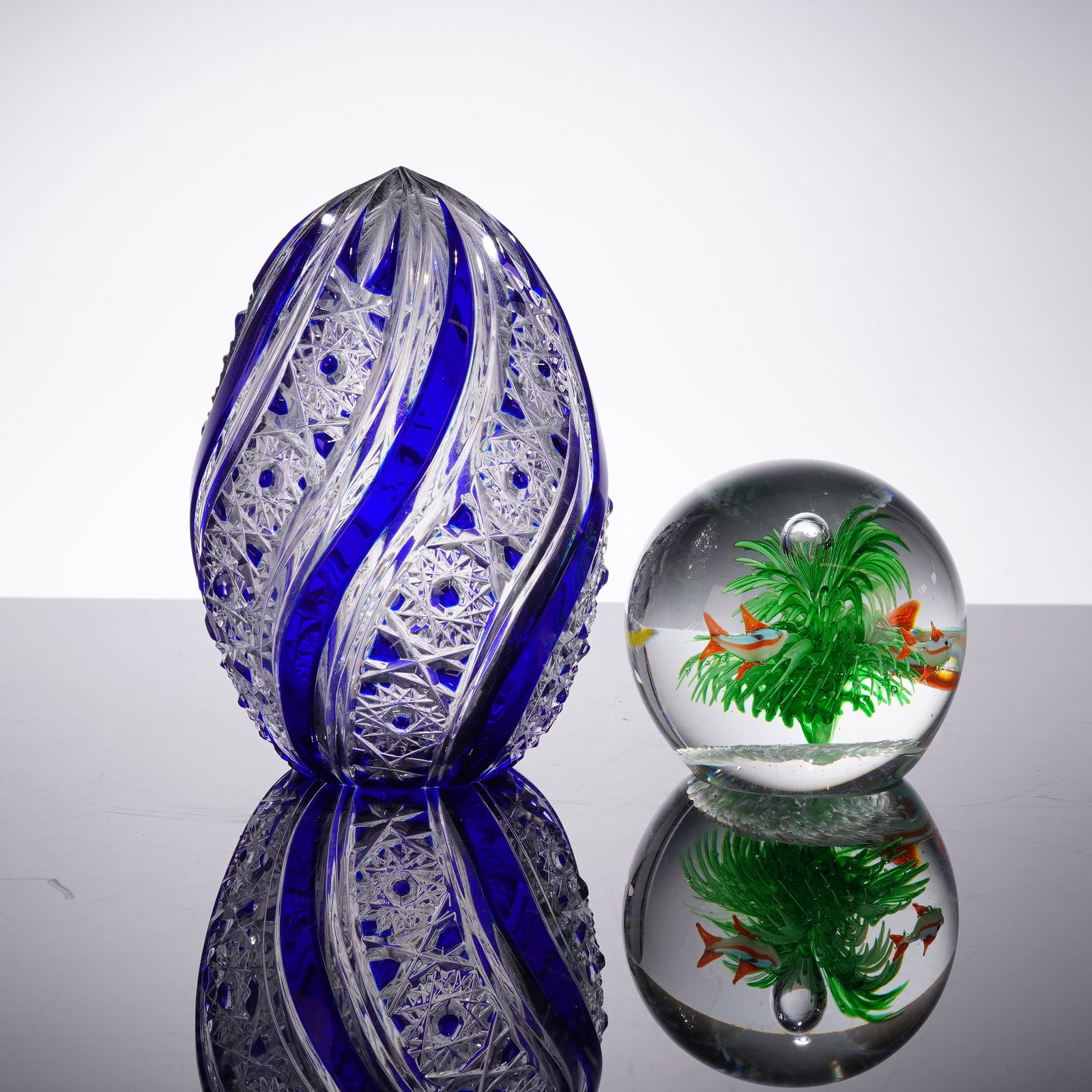 Two Art Glass Bohemian Style Cut-to-Clear Egg and an Aquarium Paperweight (1 of 3)