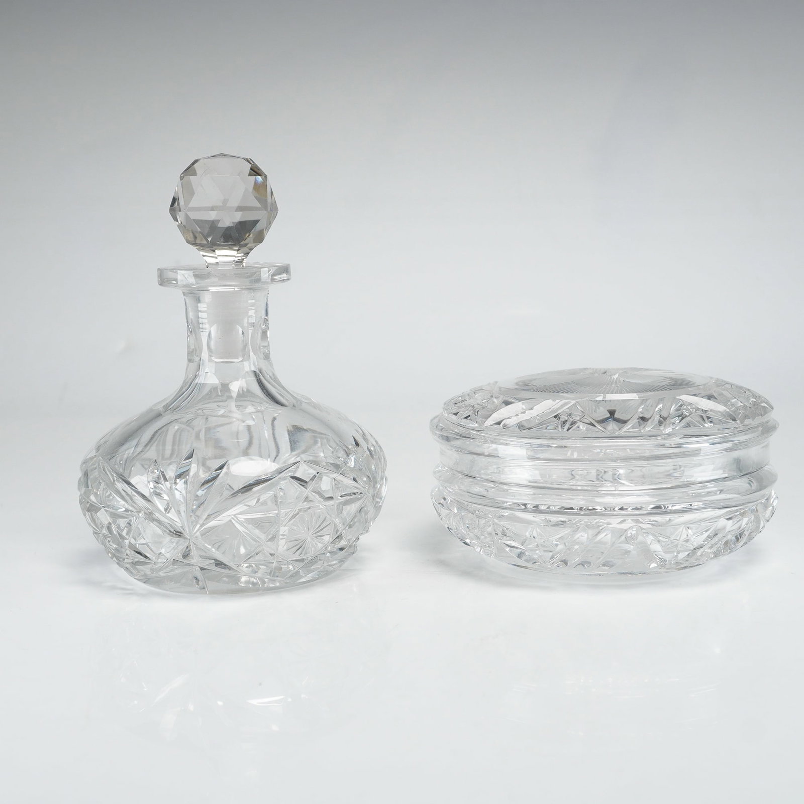 2pc Clear Cut and Etched Glass Vanity Items - Scent Bottle and Covered Dish (1 of 3)
