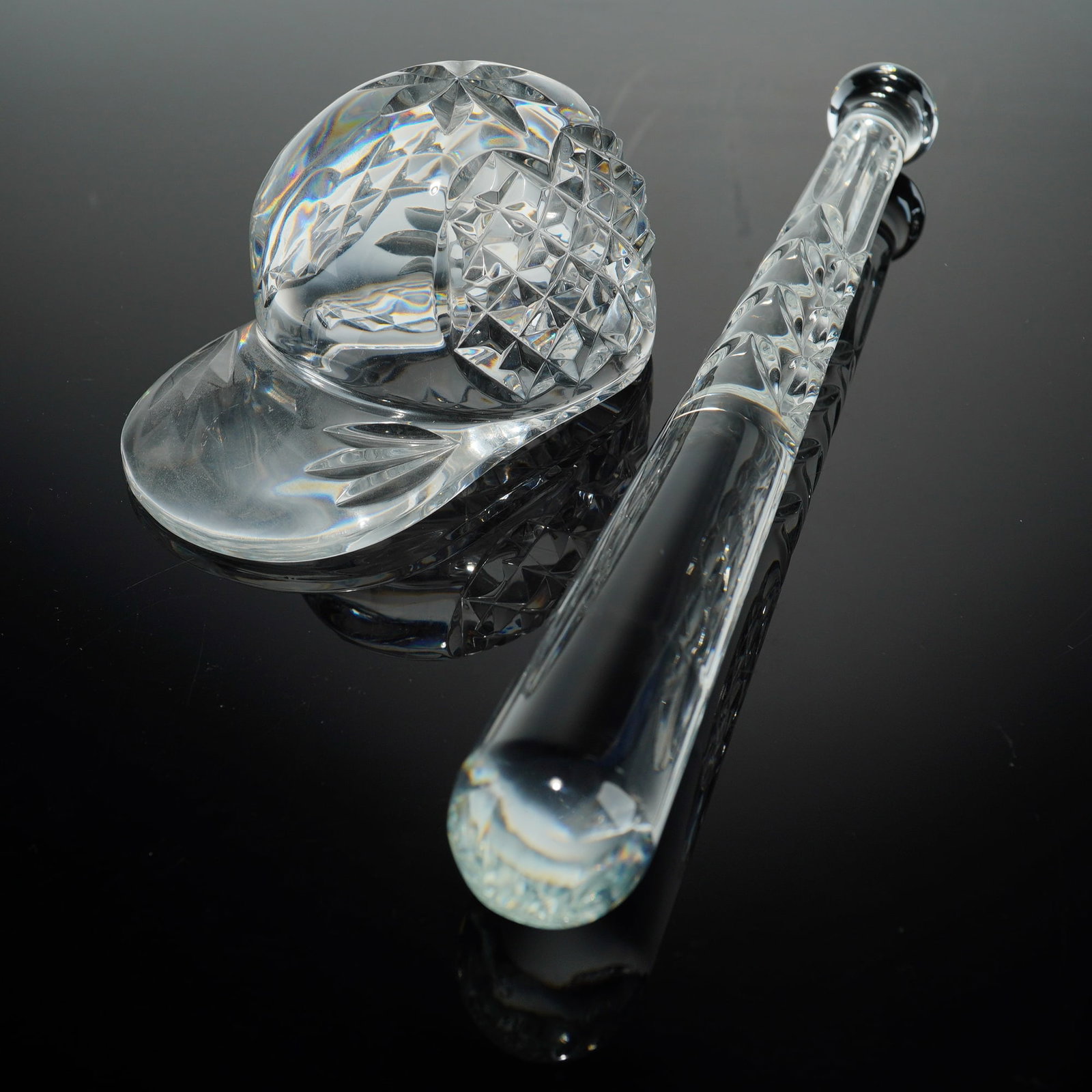 Waterford Crystal Anaheim Angels 2002 World Series Baseball Bat and Hat: A Waterford Crystal commemorative baseball bat and hat set produced for the Anaheim Angels 2002 World Series championship. The items are constructed from clear cut lead crystal. The baseball cap featu