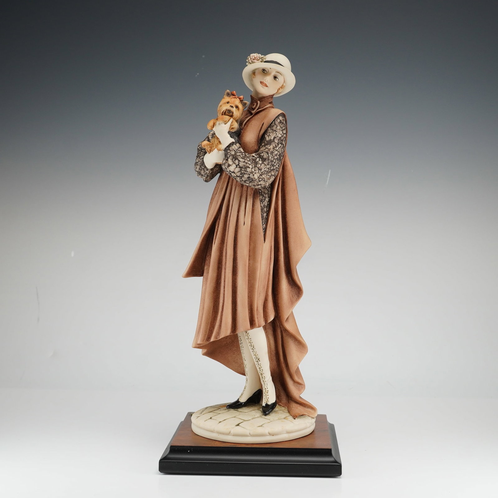 Giuseppe Armani Florence Young Lady with Yorkshire Figurine 0486C: A Florence Sculture d'Arte cold-cast porcelain figurine titled Young Lady with Yorkshire, model number 0486C, designed by artist Giuseppe Armani. The piece depicts a woman in early 20th-century fashio