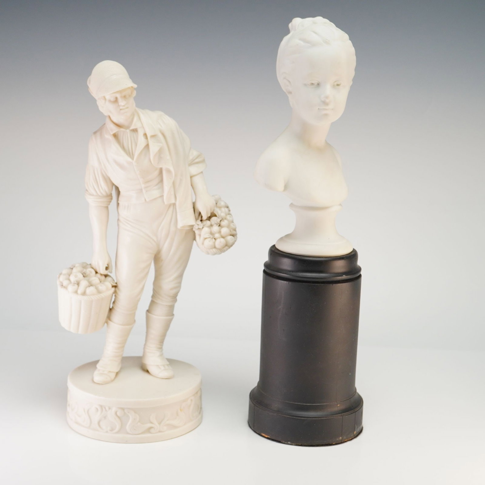 2pc Parian Ware Fruit Seller and Portrait Bust Figurines (1 of 3)
