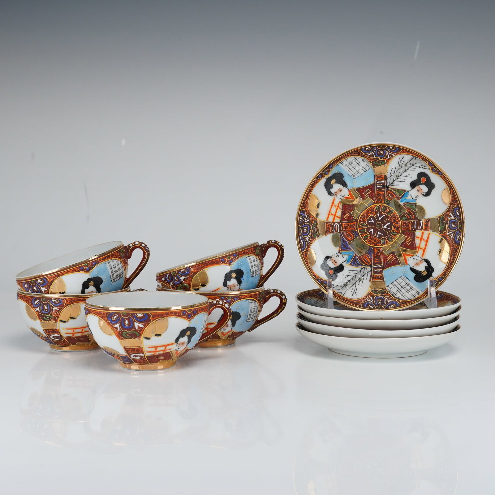 Set of Five Japanese Satsuma Moriage Porcelain Teacups and Saucers (1 of 3)
