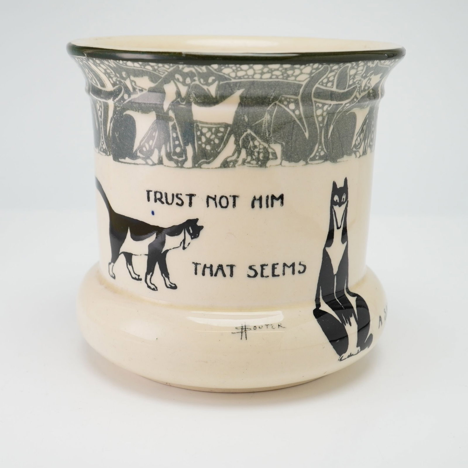 Royal Doulton by David Henry Souter Kateroo Series Ware Jardiniere, Trust Not Him That Seems a Saint: Royal Doulton "Souter" refers to a widely collected Series Ware line from the early 20th century (circa 1906-1939), recognized for its stylized cat imagery, often referred to as "Kateroo." These desig