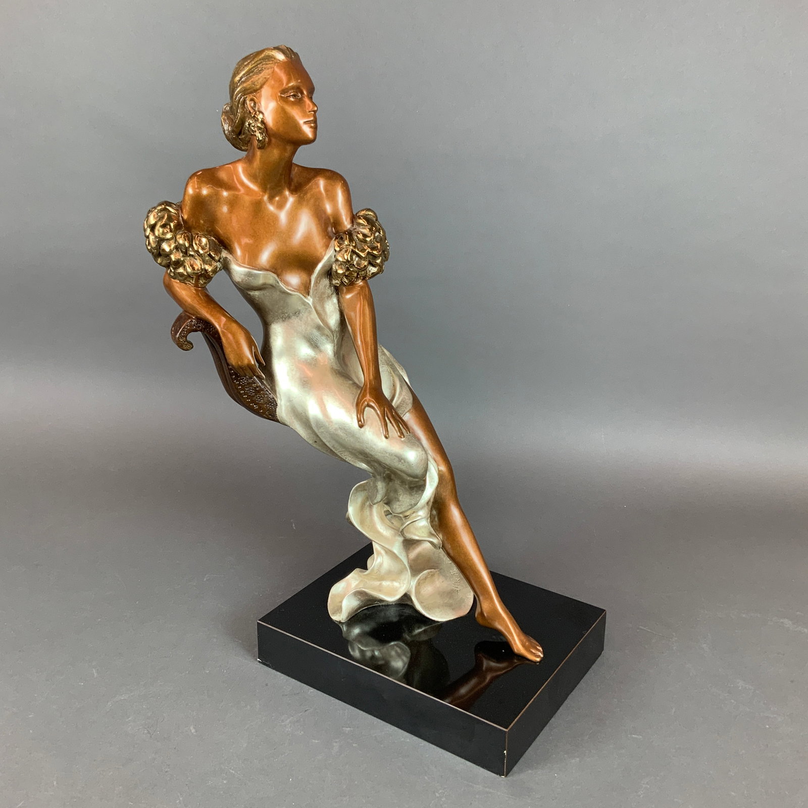 Alice Riordan (American, 20th-21st century) Polychrome Bronze Sculpture, Evening, Signed & Numbered: Alice Riordan (American, 20th Century) polychrome cast bronze sculpture titled Evening, depicting a stylized female figure in a flowing pose. The work is finished with multi-toned patinas, featuring a