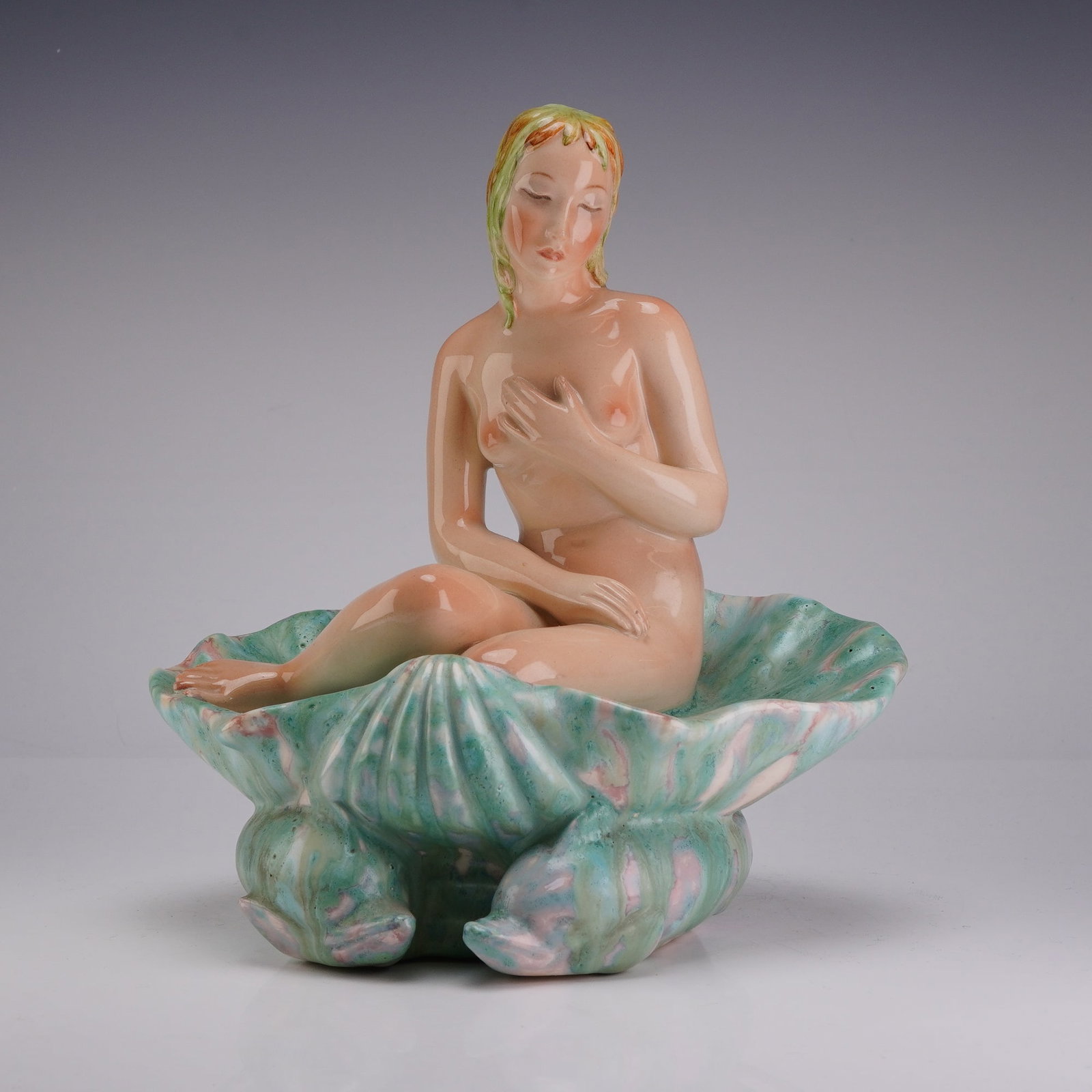 Lenci Torino Italian Polychrome Ceramic Figurine, Nude in a Shell (1 of 3)