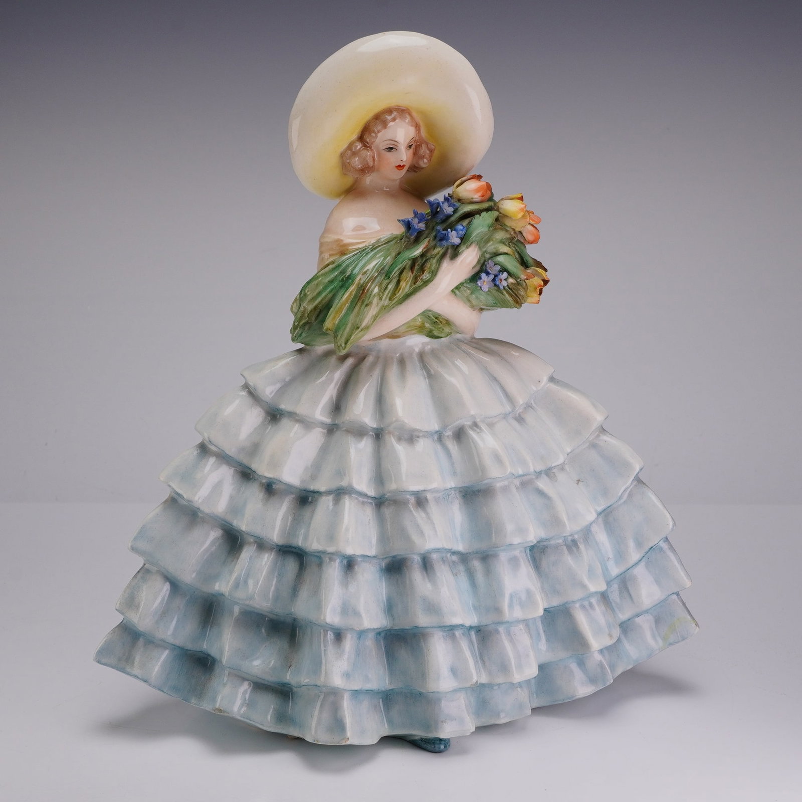 Guido Cacciapuoti (Italy 1892-1953) Porcelain Figurine of a Lady in a Large Dress Holding Flowers (1 of 4)