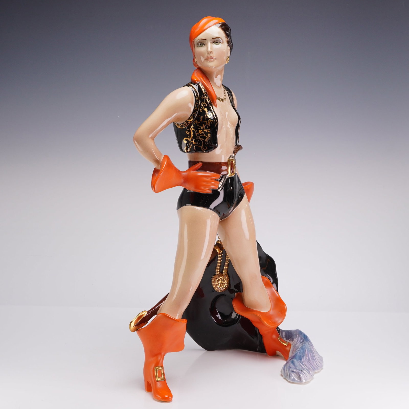 Ars Pulchra Torino Italian Porcelain Figurine, Pirate Adventurer M 1295: This large porcelain sculpture was manufactured by Ars Pulchra in Torino, Italy, and reflects the Art Deco style of the mid-20th century. The polychrome glazed figure depicts a female adventurer or pi