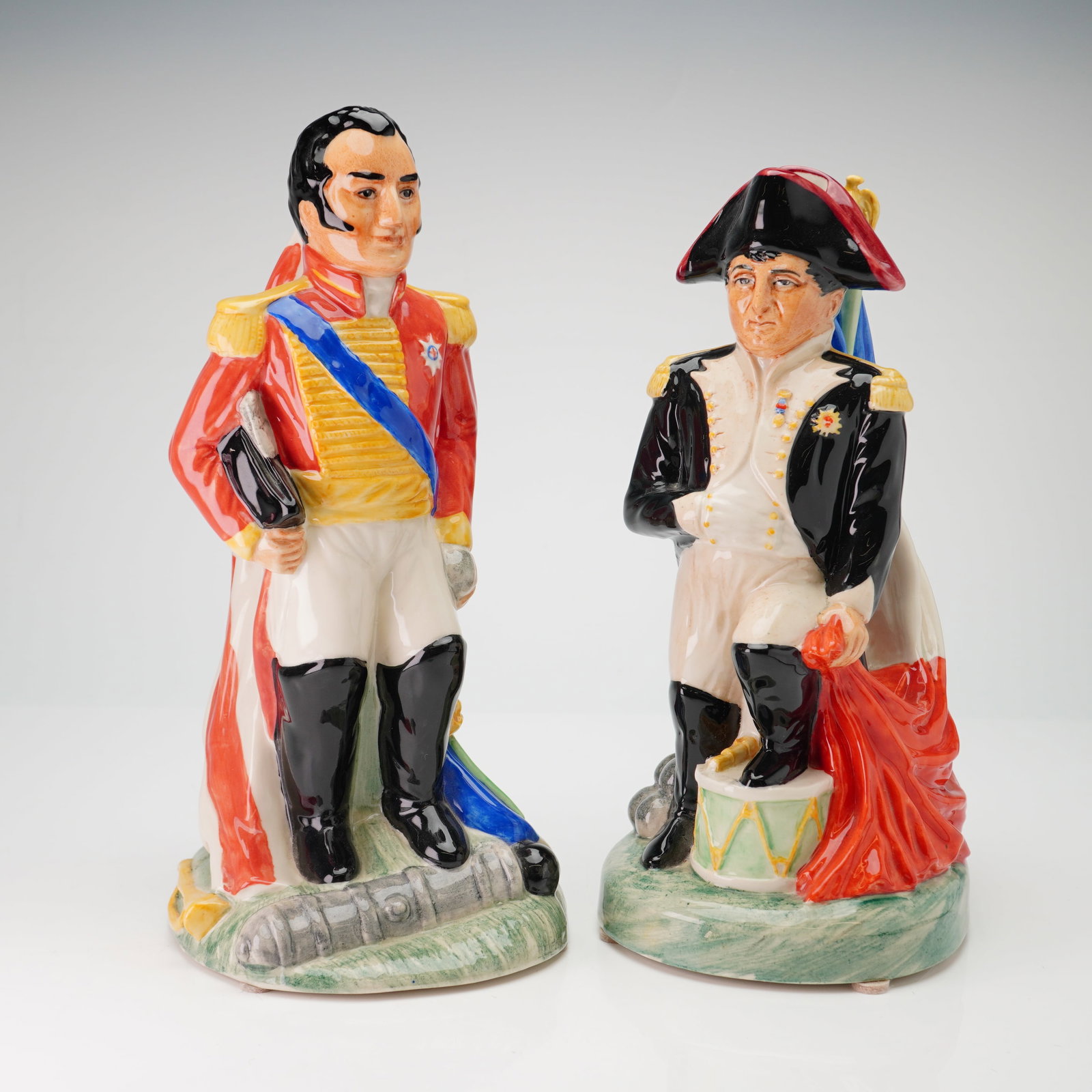 Two Kevin Francis Ceramics Limited Edition Toby Jugs, Duke of Wellington and Napoleon: A pair of hand-painted ceramic toby jugs produced by Kevin Francis Ceramics in Staffordshire, England. This limited-edition set, modeled by Ray Noble, depicts the opposing military commanders of the N