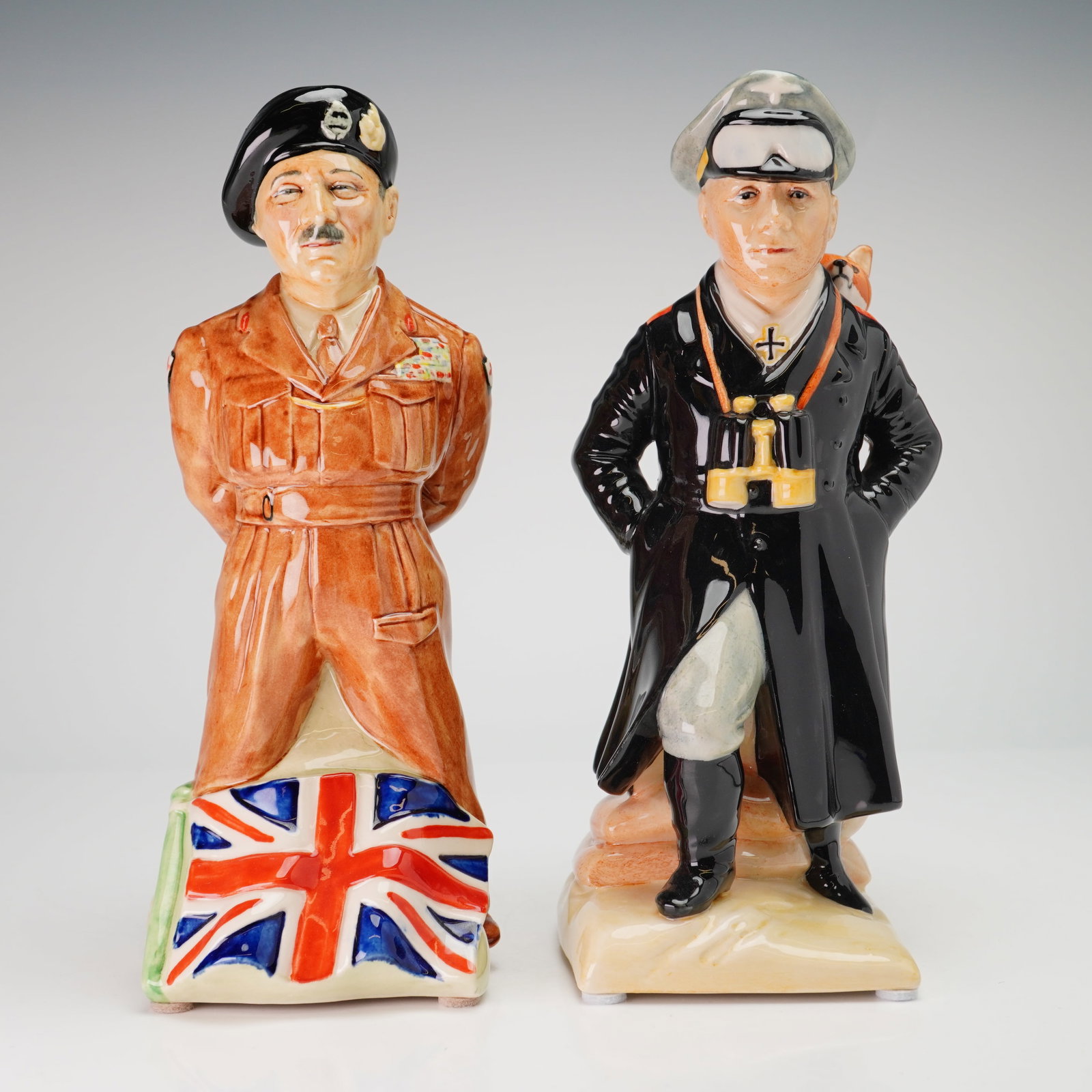 Two Kevin Francis Ceramics Limited Edition Toby Jugs, Field Marshall Montgomery and Rommel: A pair of hand-painted, high-gloss glazed ceramic character toby jugs produced by Kevin Francis Ceramics and modeled by Douglas V. Tootle. One figurine represents Field Marshall Bernard Montgomery, de