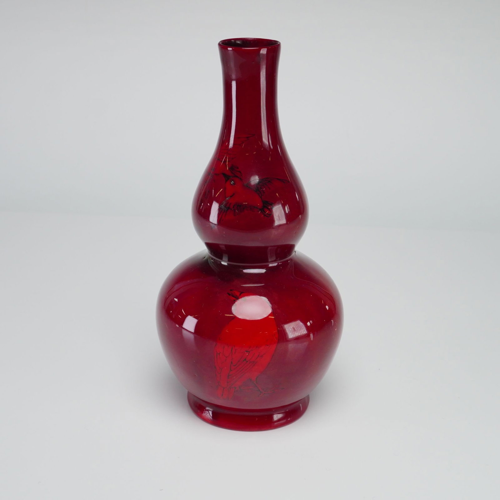Bernard Moore Flambe Double Gourd Bird Motif Vase (1 of 3)