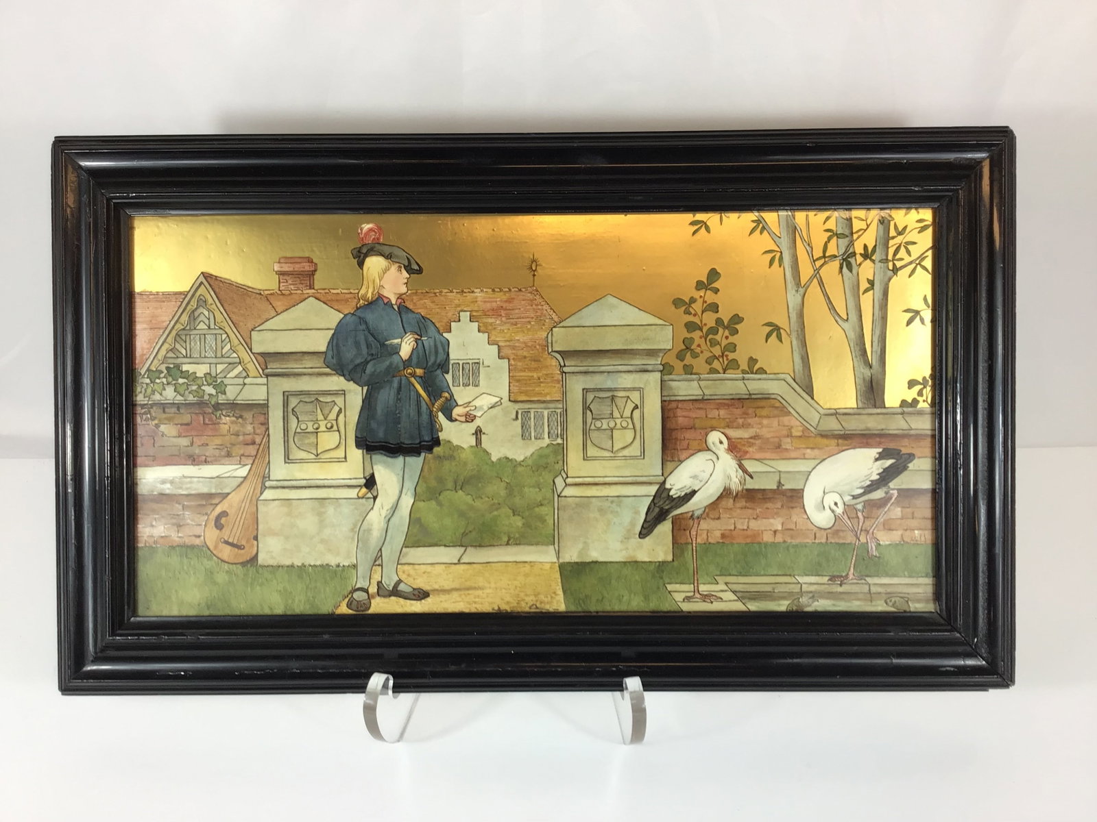 Minton's Art-Pottery Studio Henry Stacy, The Lover from The Seven Ages of Man Framed Tile Panel: This rectangular ceramic tile panel was produced by Minton's Art-Pottery Studio in Kensington Gore and features a design by Henry Stacy Marks. The piece depicts The Lover, a scene from the Shakespeare