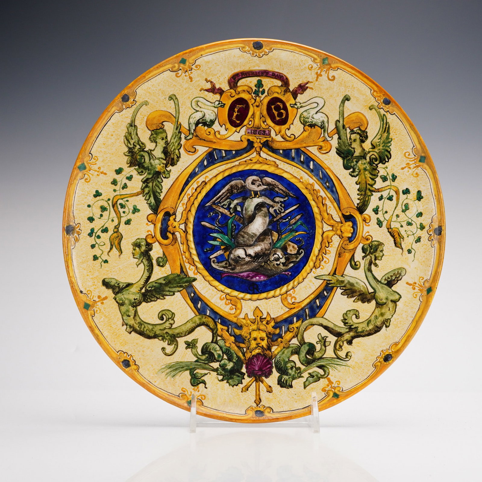 Large Gien French Faience Neo-Renaissance Style Commemorative St. Patricks Day Charger Dated 1863 (1 of 1)
