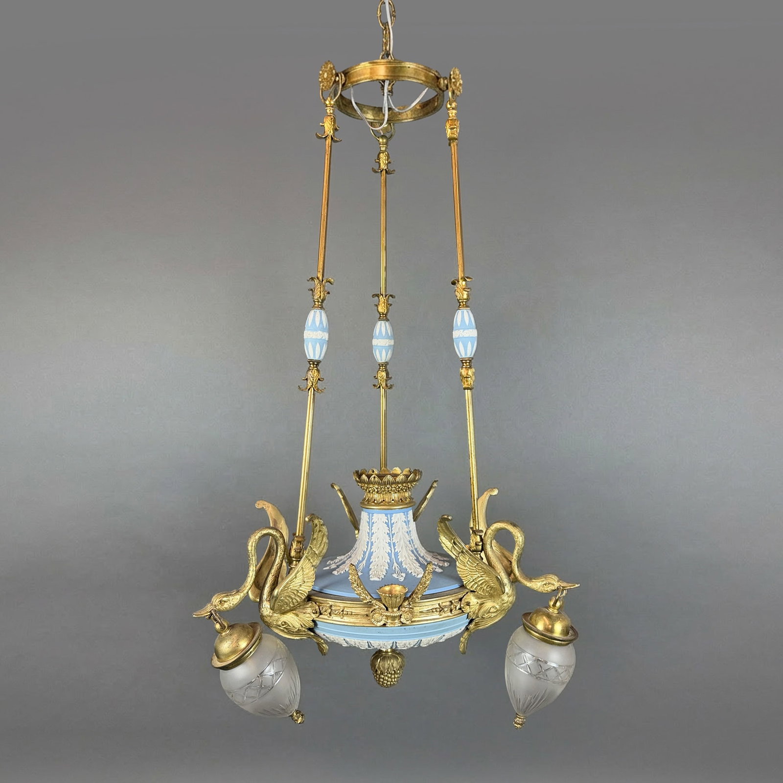 Wedgwood Jasperware Neoclassical Style Gilt Metal Three Light Swan Chandelier (1 of 5)