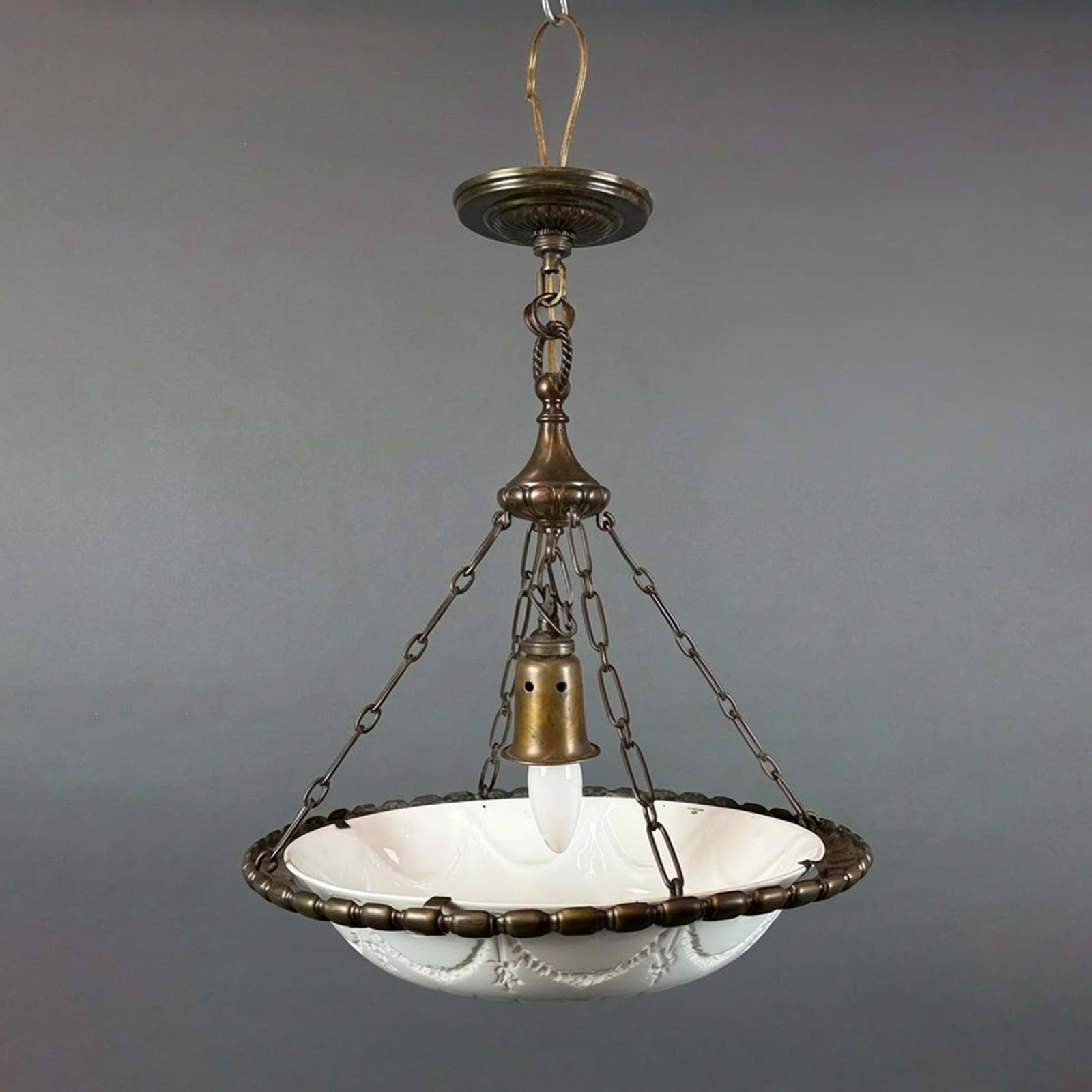 Wedgwood Neoclassical Porcelain Inverted Dome Hanging Lamp: This neoclassical style inverted dome hanging lamp, part of the Rubin Coll, features a large ceramic bowl shade manufactured by Wedgwood. The shade is constructed of white glazed porcelain or fine bon