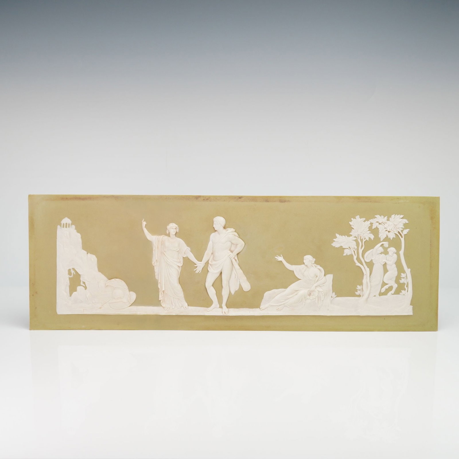 Wedgwood Sage Green Jasperware Neoclassical Plaque: A rectangular Wedgwood jasperware stoneware plaque featuring a matte sage green ground with white sprigged relief decoration. The plaque displays a continuous Neoclassical frieze depicting a scene fro