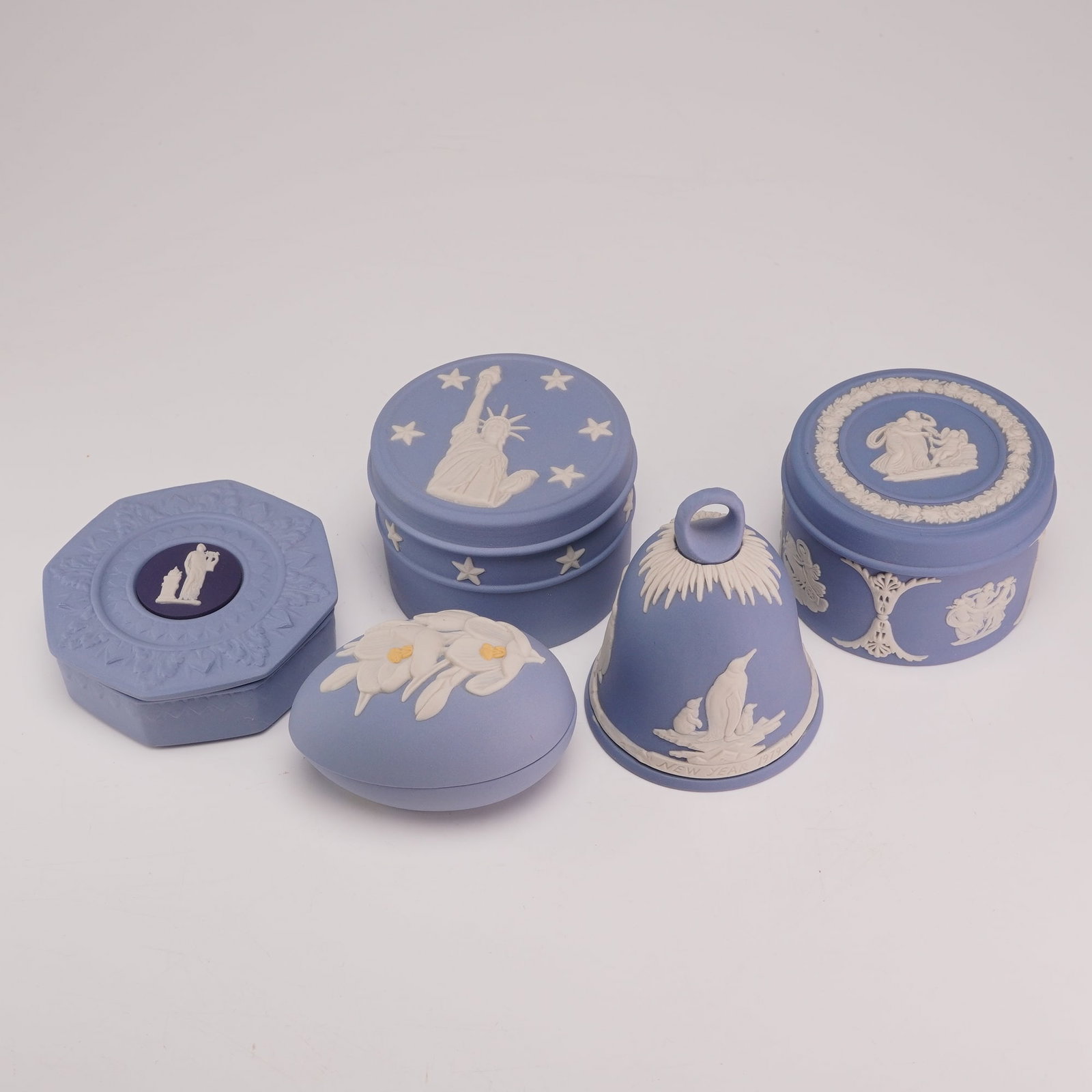 Five Piece Collection of Wedgwood Blue Jasperware Trinket Boxes and a Bell from the Rubin Collection (1 of 3)