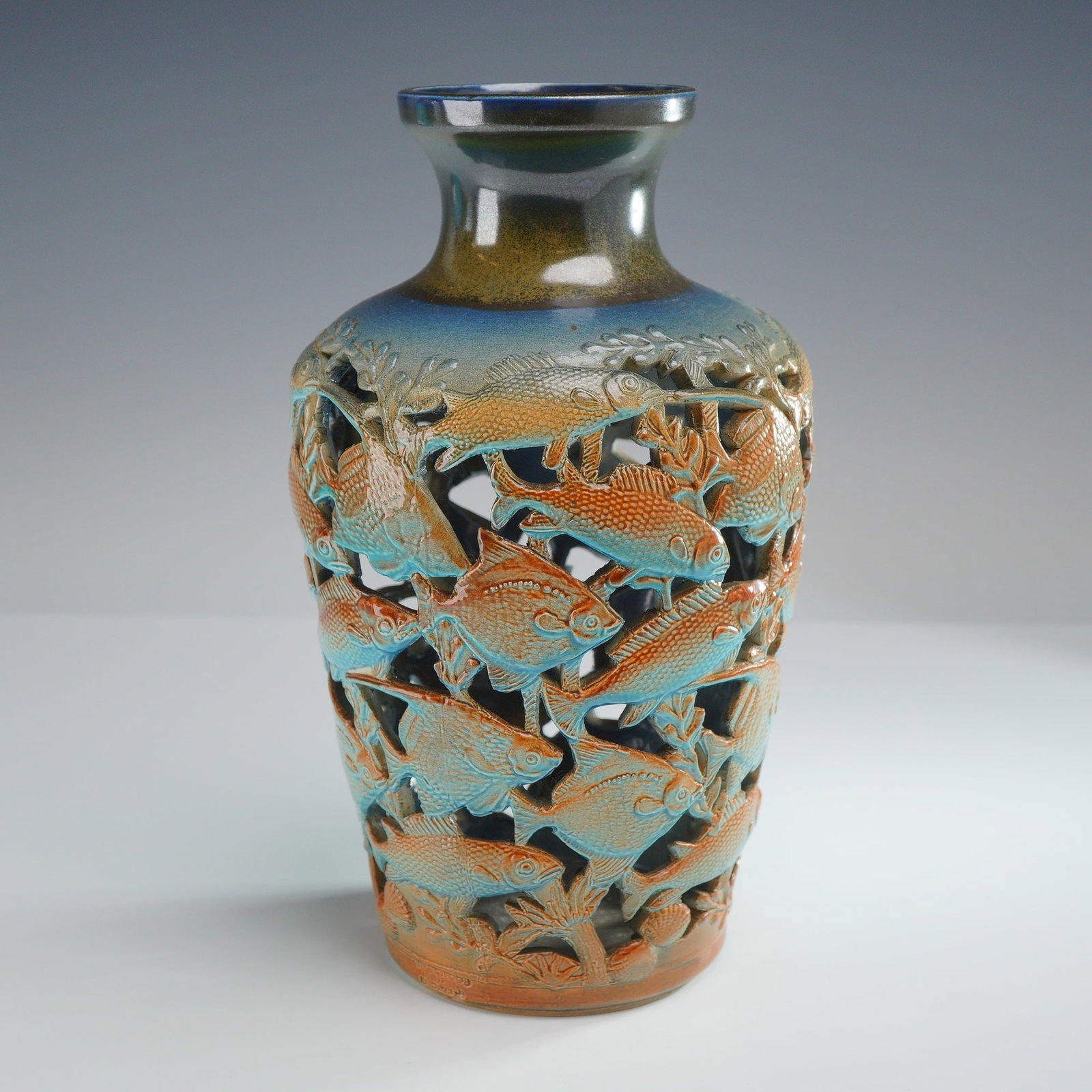 Wedgwood Elwyn James Reticulated Stoneware Fish Vase (1 of 3)