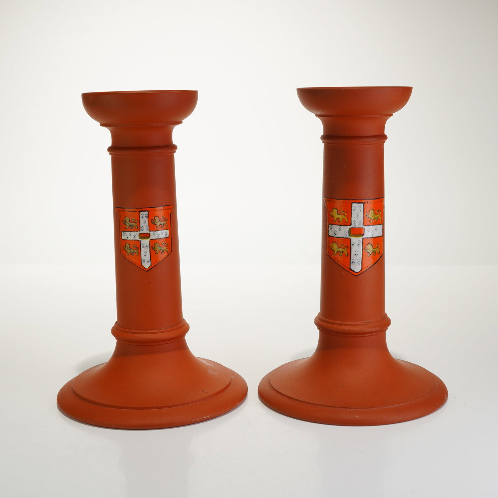 Two Wedgwood Rosso Antico Terracotta Candlesticks with University of Cambridge Coat of Arms (1 of 3)