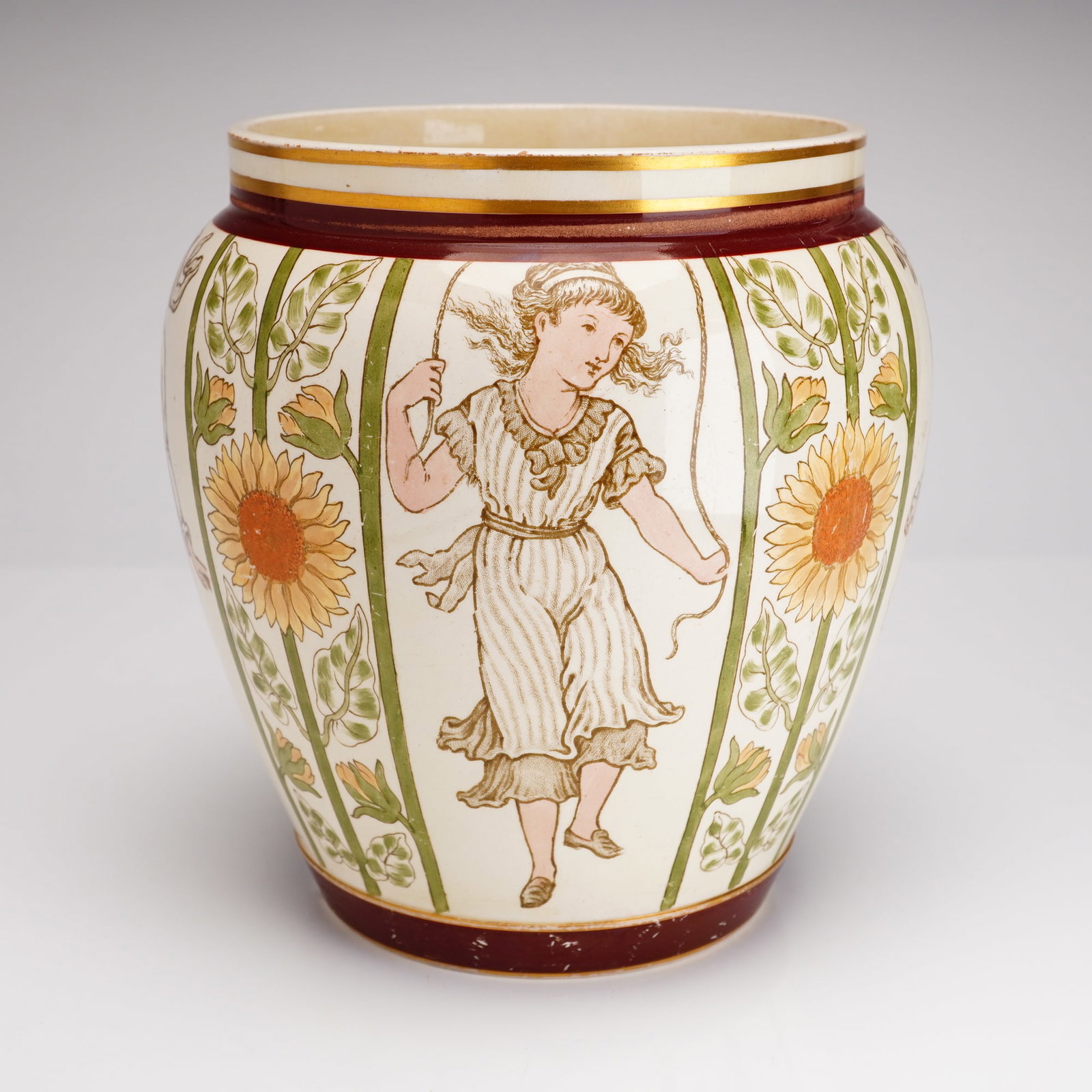 Wedgwood Aesthetic Movement Creamware Cachepot with Children and Sunflowers, circa 1875 (1 of 4)