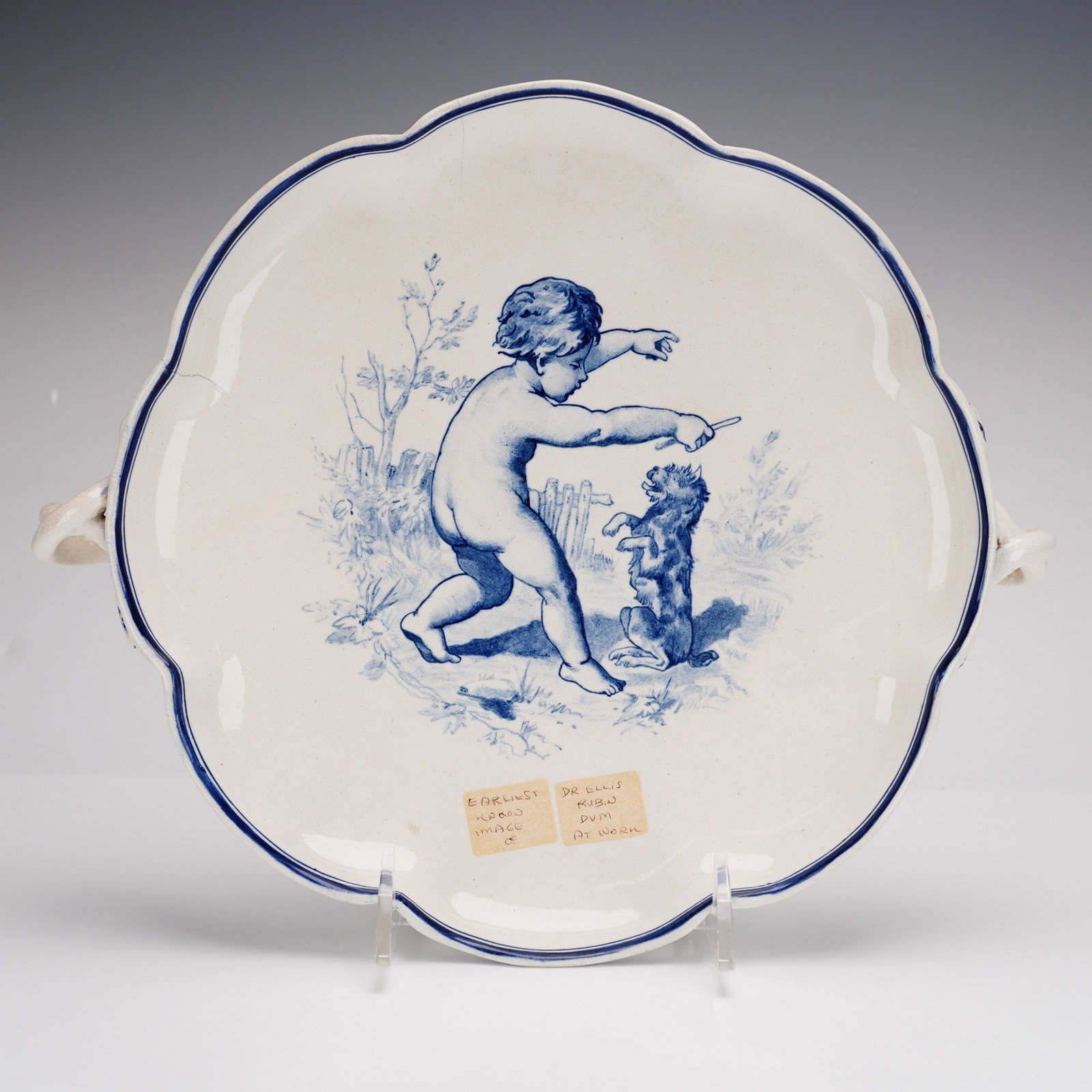 Wedgwood Creamware Footed Plate with Serpent Handles and Central Boy and Dog Scene (1 of 3)