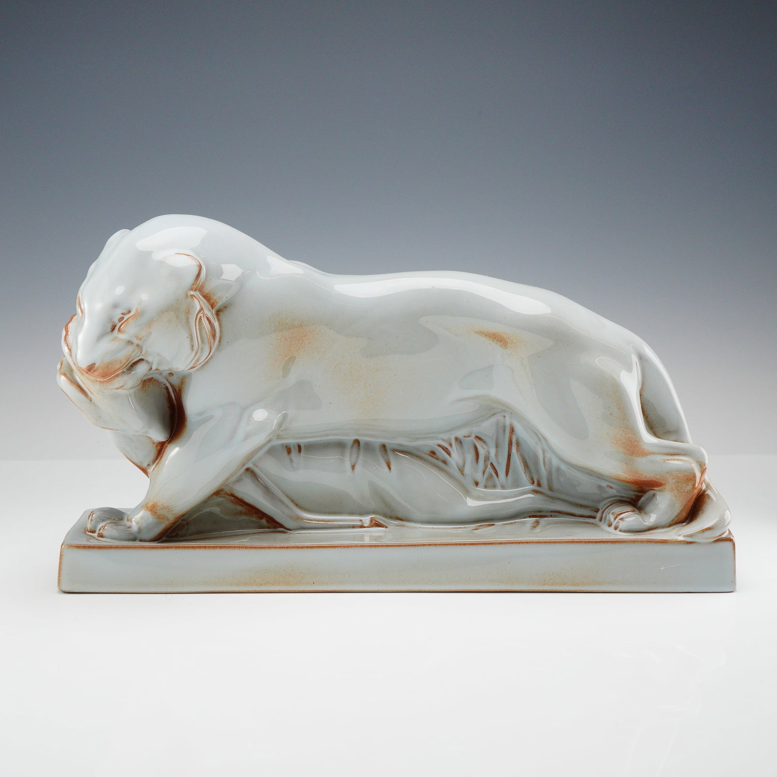 Wedgwood John Skeaping Tiger and Buck Sculpture with Norman Wilson Glaze: A Wedgwood ceramic animalier sculpture titled Tiger and Buck, designed by John Rattenbury Skeaping (British, 1901-1980) and featuring a specialized technical glaze developed by Norman Wilson (British,