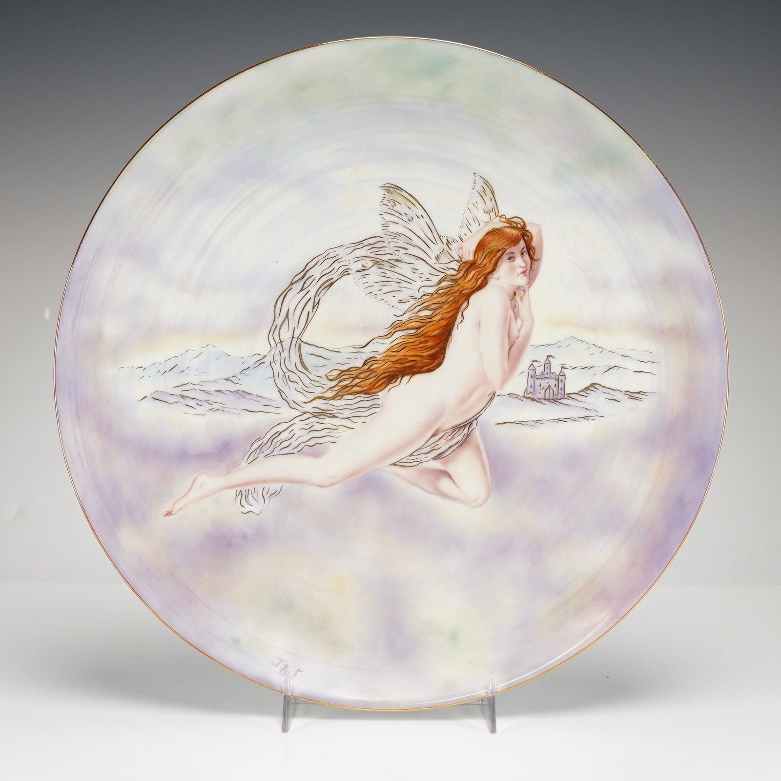 Wedgwood Bone China Hand Painted Fairy Art Plate: This Wedgwood bone china presentation plate features a central hand painted allegorical scene of a nude winged fairy with flowing red hair in flight. The figure is set against a background of pastel c
