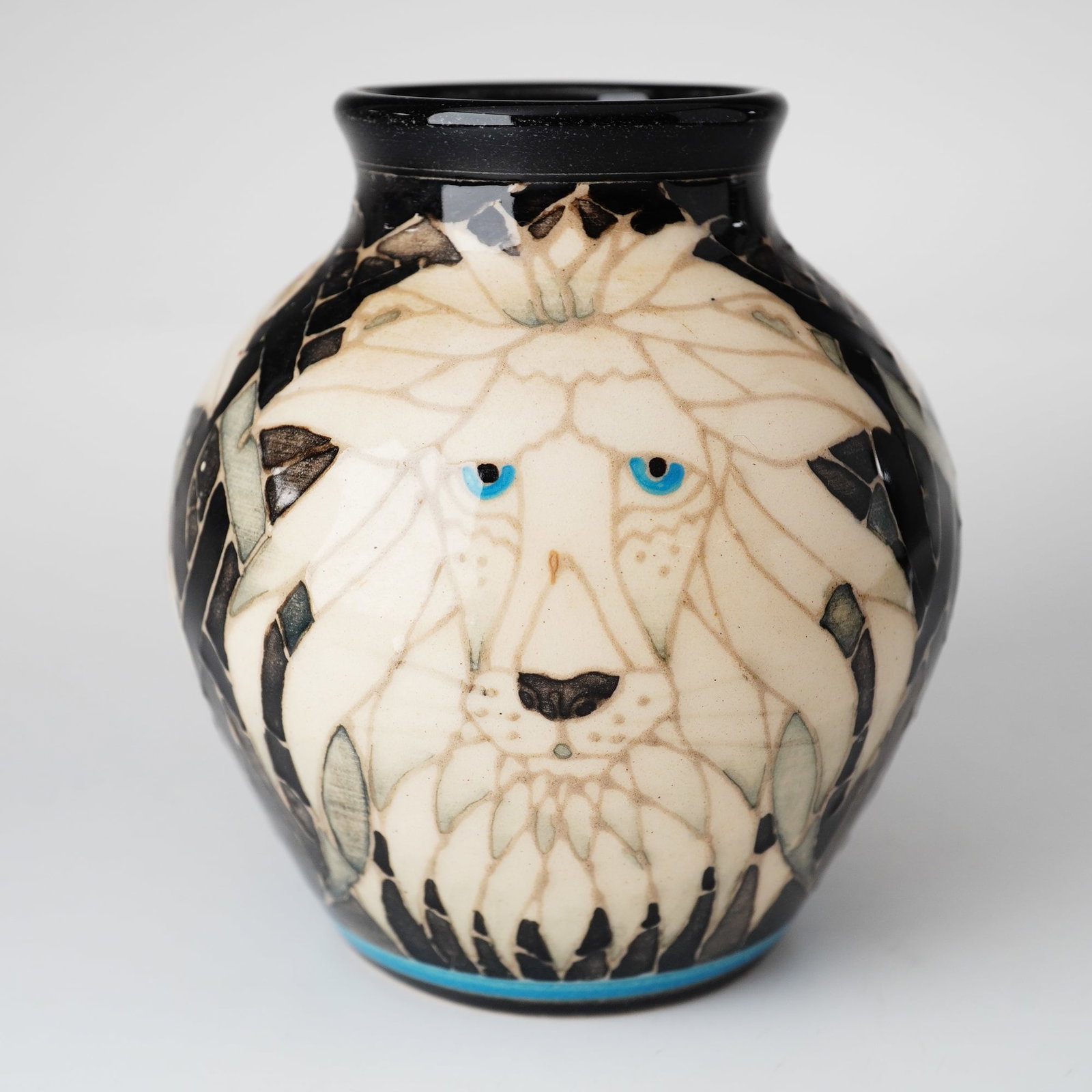Sally Tuffin for Dennis China Works Miniature Vase, Lion: A miniature earthenware studio pottery vase manufactured by Dennis Chinaworks and designed by Sally Tuffin. The bulbous vessel features a short neck and flat rim, decorated with a hand-painted tiger m