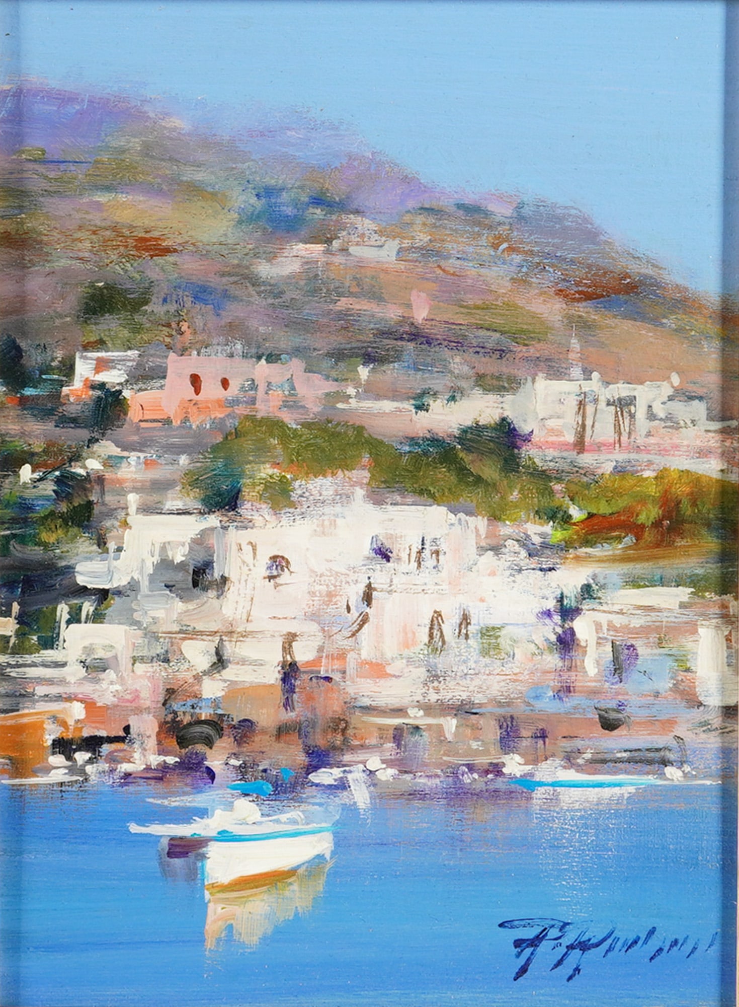 Raimondo Roberti (Italian, b. 1947) Oil on Board, Mediterranean Coastal Landscape, Signed: An original impressionist coastal landscape painting executed in oil on board. The composition depicts a Mediterranean-style village featuring white-walled buildings situated on a hillside overlooking